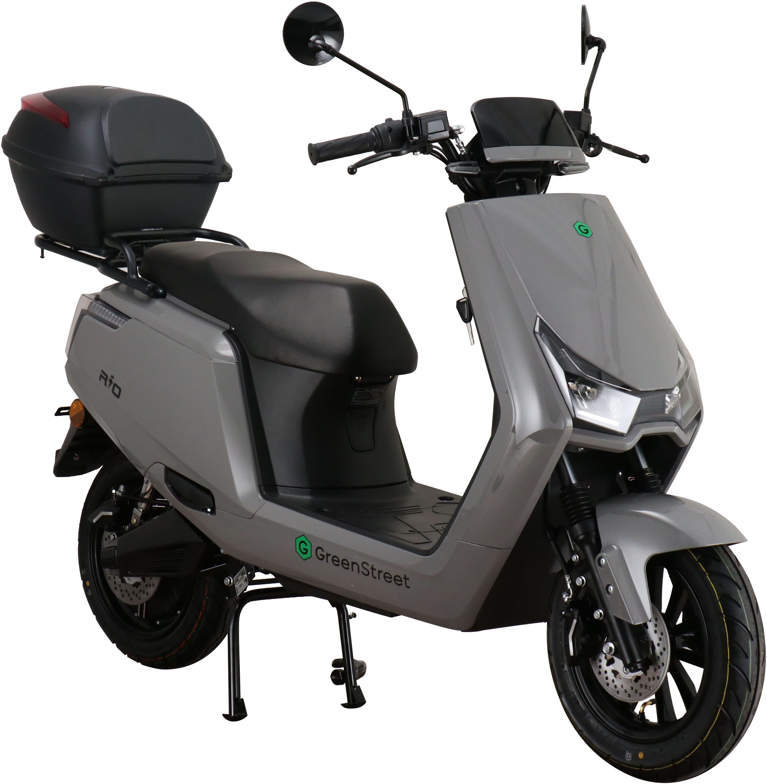 GreenStreet E-Mofaroller Rio 2000W 25 kmh grau inkl. Topcase, 2000 W, 25 km/h, LED-Tacho, breites Rücklicht zur besseren Sichtbarkeit