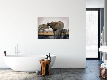 Pixxprint Glasbild Elefantenkuh mit Jungem am Wasserloch, Elefantenkuh mit Jungem am Wasserloch (1 St), Glasbild aus Echtglas, inkl. Aufhängungen und Abstandshalter