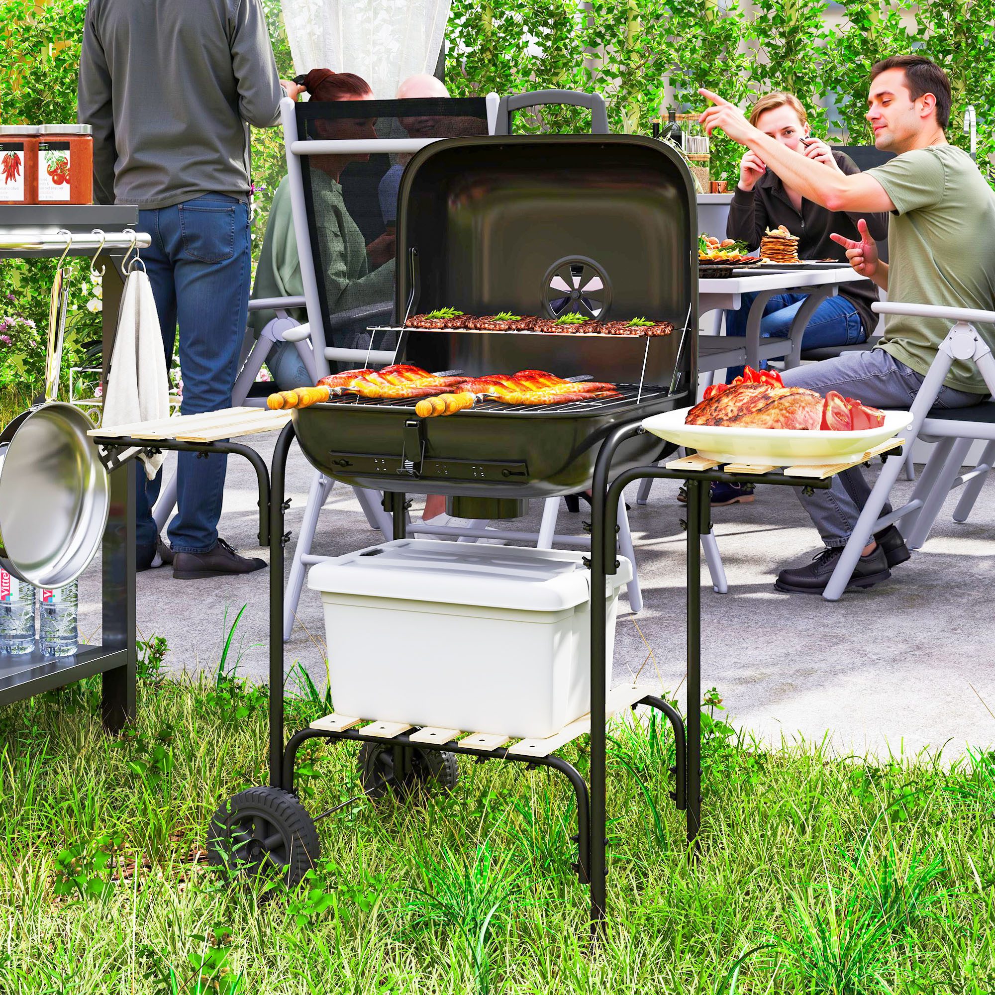 Outsunny Holzkohlegrill Grillrost mit abschließbarem Deckel Räder Holzablage BBQ Smoker, fahrbar Grillwagen, Kohlegrillwagen aus Stahl, für Camping Garten 98 x 54 x 91 cm Schwarz