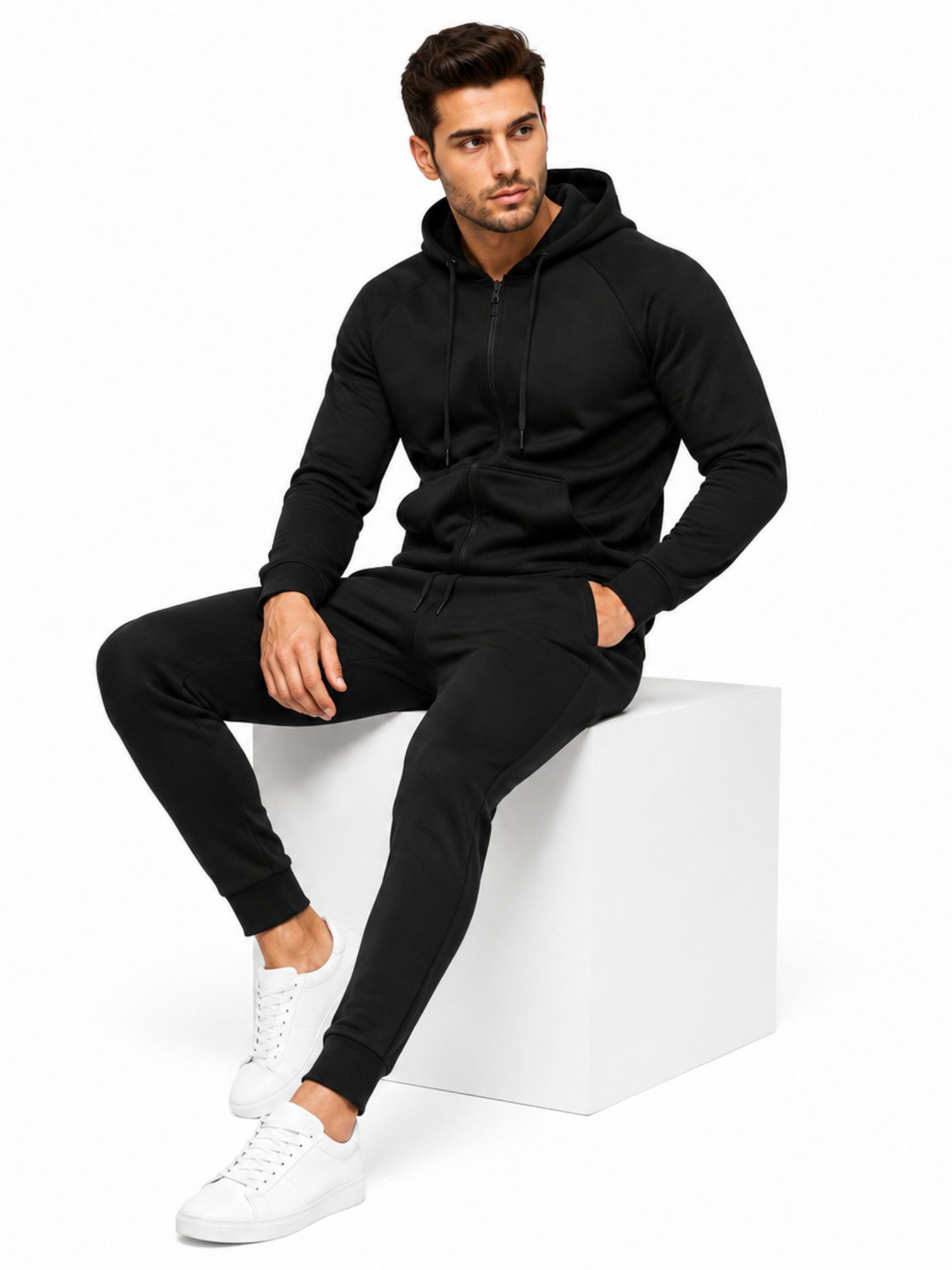 L.gonline Freizeitanzug Herren Jogginganzug einfarbig 100% BW 586 Schwarz M (Kapuzenjacke mit Reißverschluss, Hose, 2-tlg), Fitness Freizeit Casual