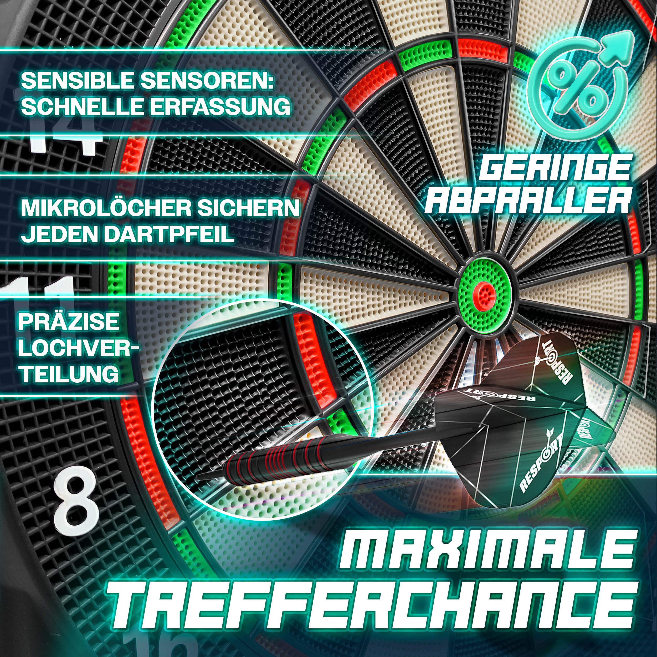 RE:SPORT Dartscheibe RE:SPORT® Elektronische Dartscheibe mit 12x darts, 24x flights, 1x, (100 Pfeilspitzen & Zubehör E Dartautomat für 1–8 Spieler, mit 427 Varianten Elektrisches Dartboard LED Anzeige), Elektronisch Profi Set mit 12 Pfeilen + 24 Pro Flights