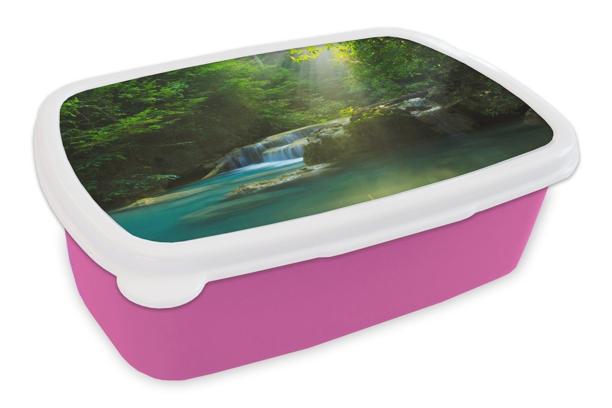 MuchoWow Lunchbox Dschungel - Wasserfall - Pflanzen - Jungen - Mädchen - Kinder, Kunststoff, (2-tlg), Brotbox für Erwachsene, Brotdose Kinder, Snackbox, Mädchen, Kunststoff rosa