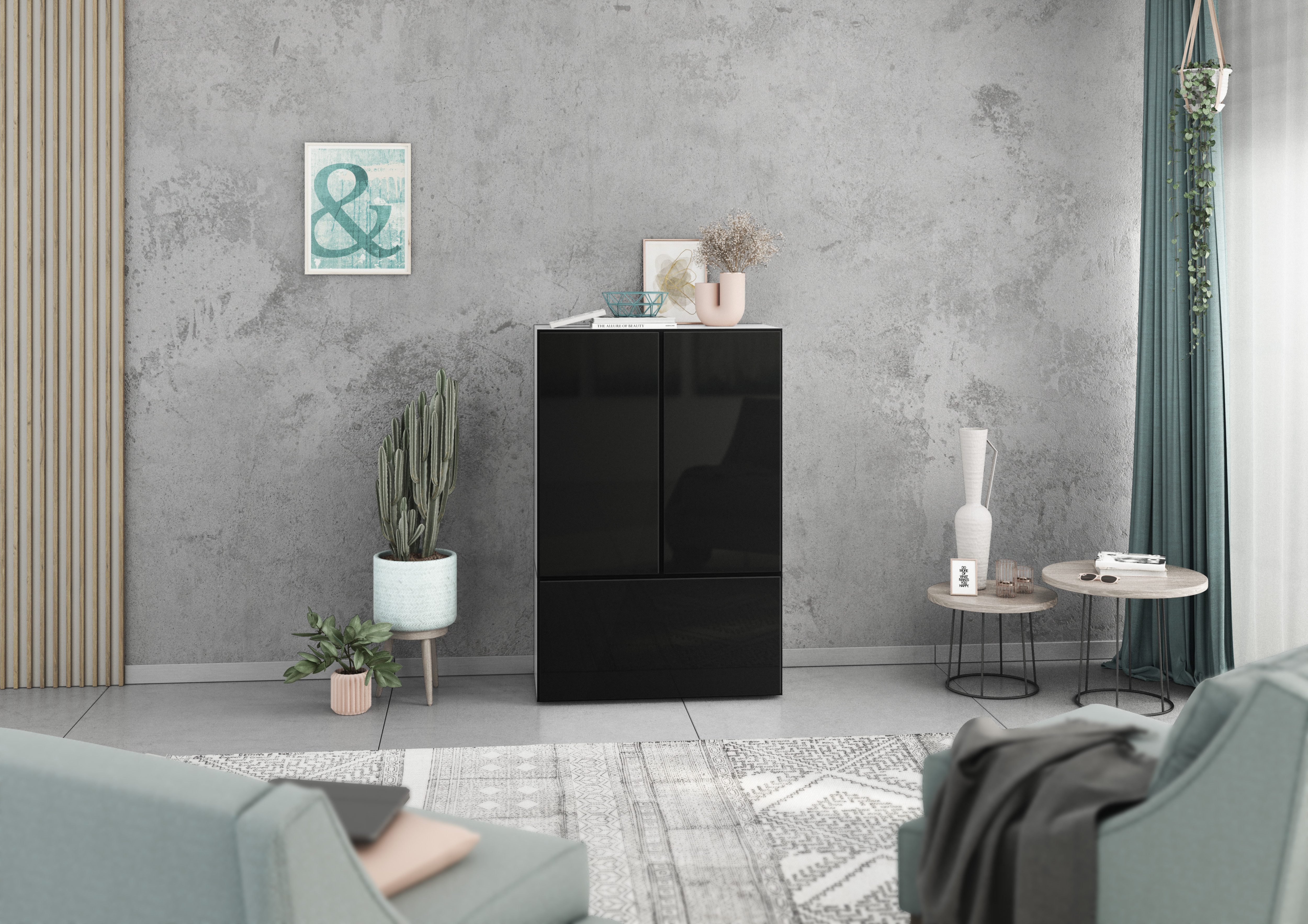 BMG Möbel Stauraumvitrine Modul+ (3 teilig bestehend aus, 2x Schrank mit Tür, 1x Schrank mit Klappenfunktion) Schränke können individuell angeordnet werden, Soft-Close