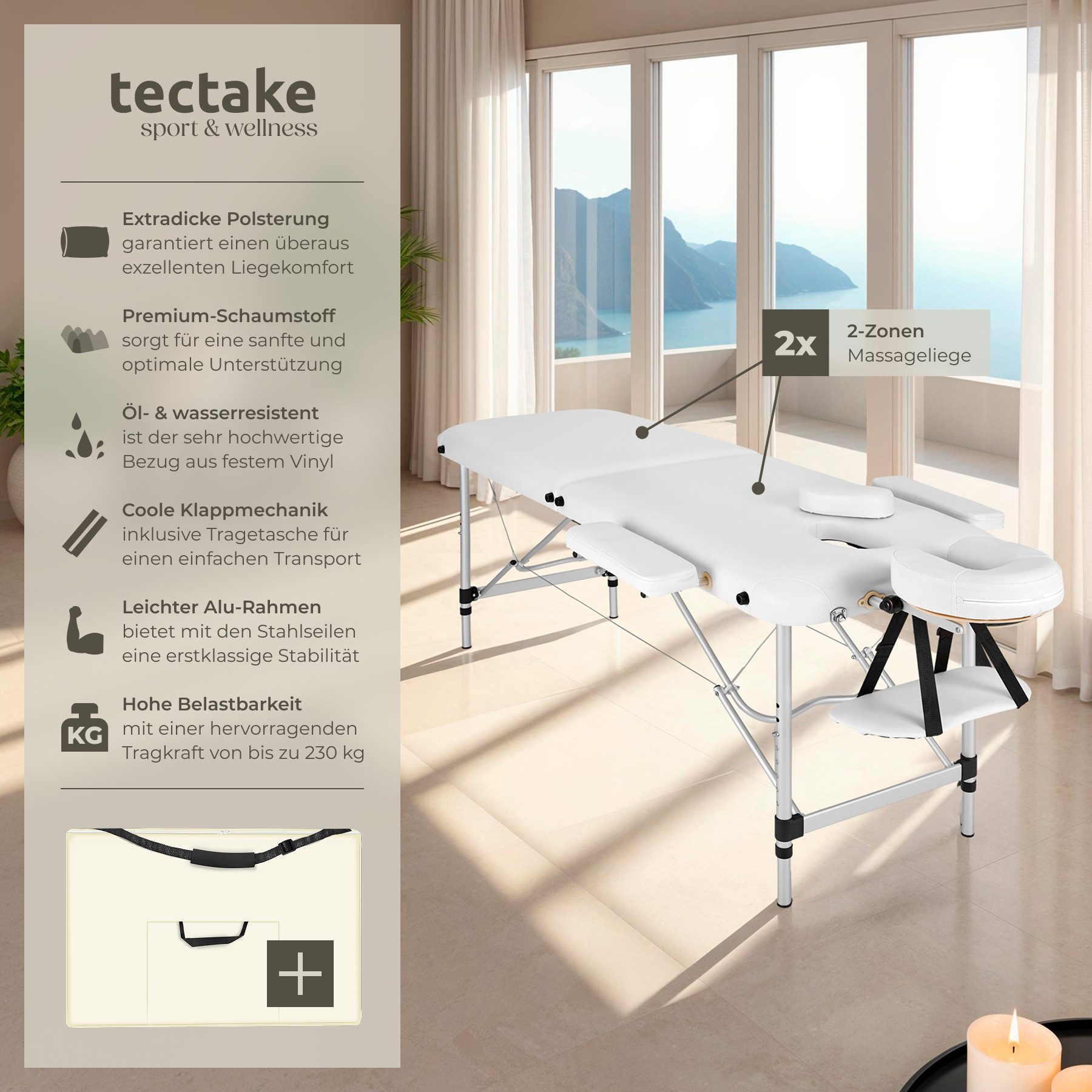 tectake Massageliege 2-Zonen-Massagetisch-Set, Maße: 205 x 95 x 89 cm, Polsterung 4 cm (Kosmetikliege, 1-St., in weiß), Breite 60 cm, Tragetasche, Aluminiumgestell, klapp- & höhenverstellbar
