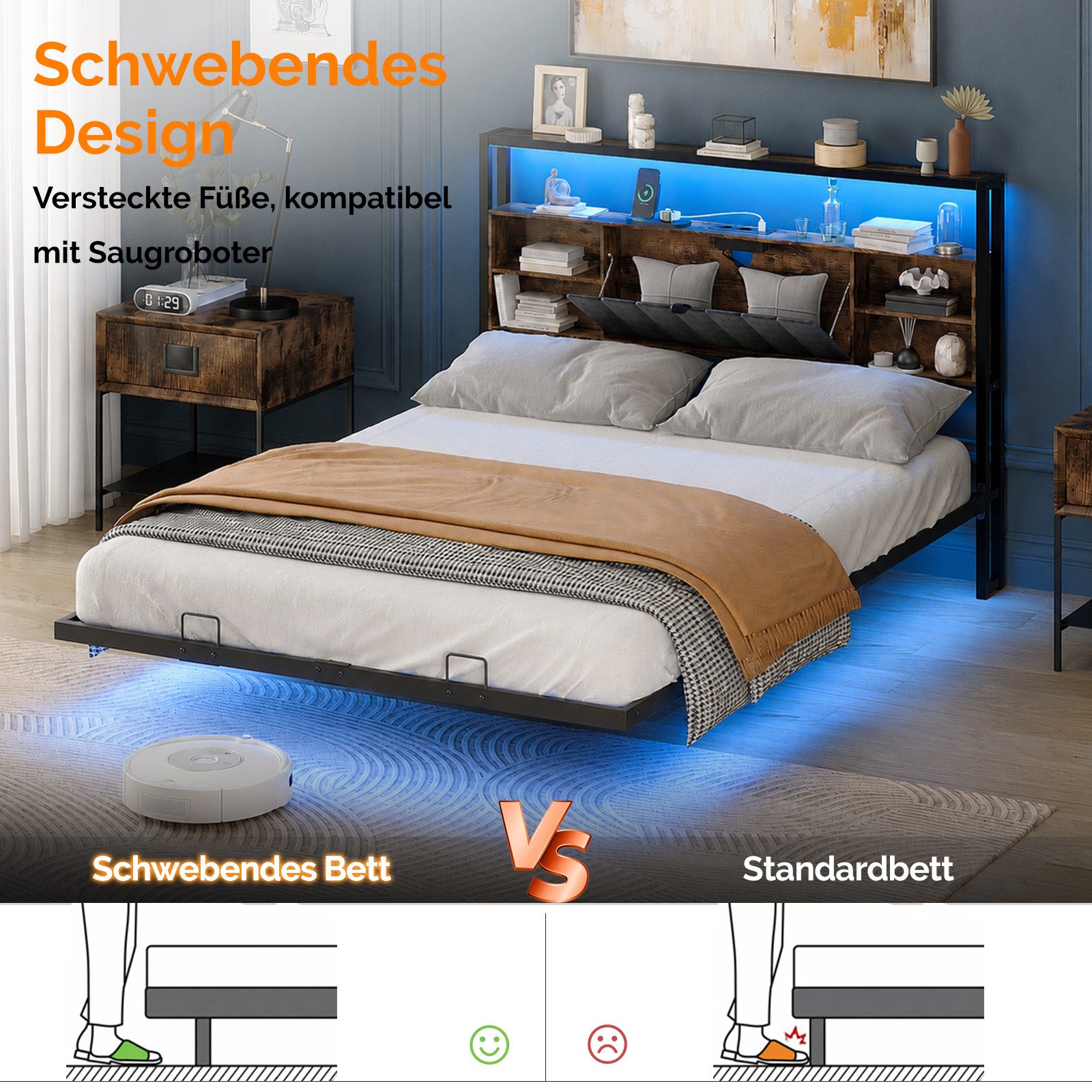 VINGLI Polsterbett mit LED-Beleuchtung und Ladestation, schwebendes Bett, gepolsterte Kopfteil mit Aufbewahrungsfunktion – Bild 4 von 5