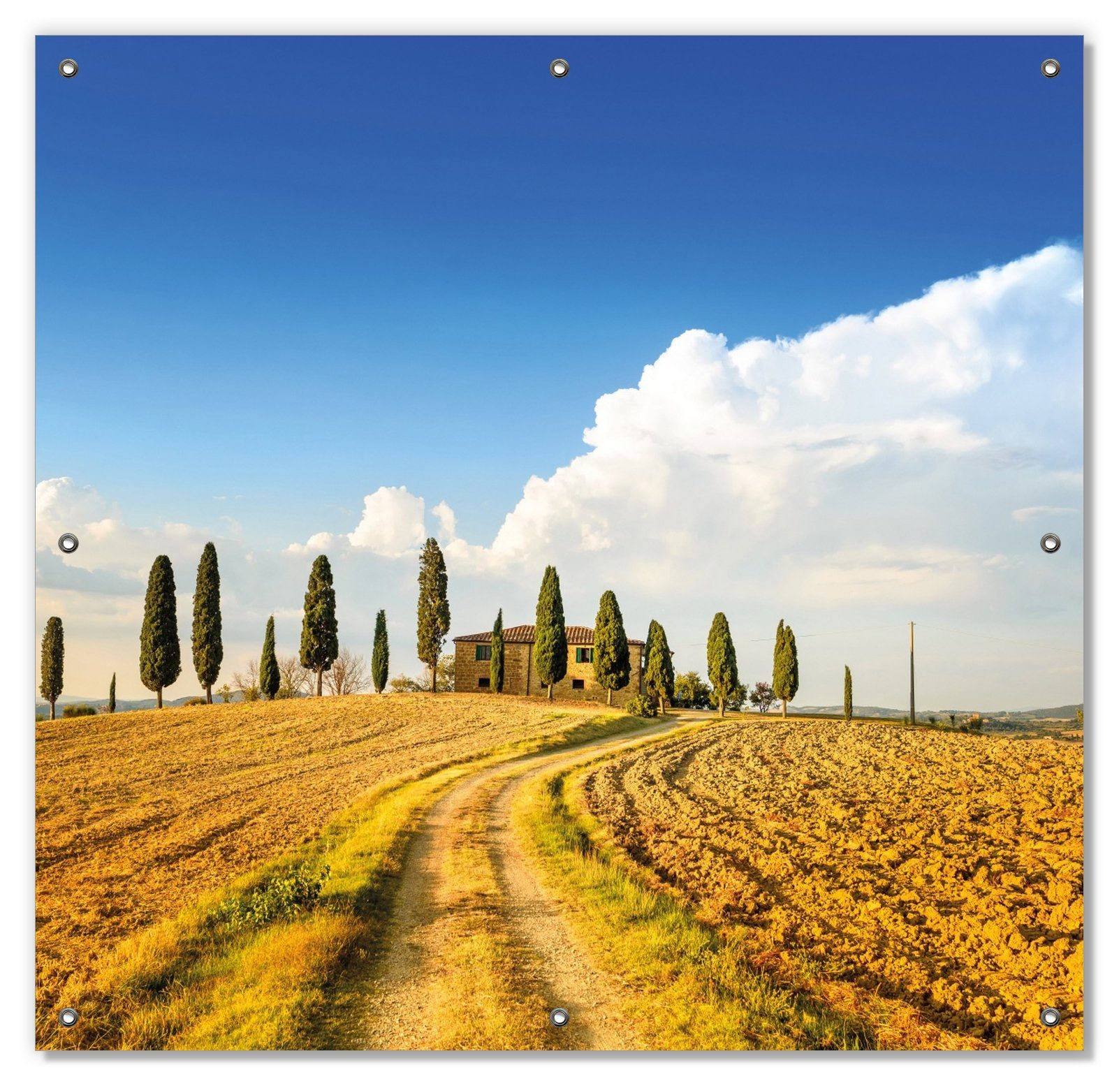 Sonnenschutz Italien - Toskana unter blauem Himmel einsame Farm, Wallario, blickdicht, mit Saugnäpfen, wiederablösbar und wiederverwendbar