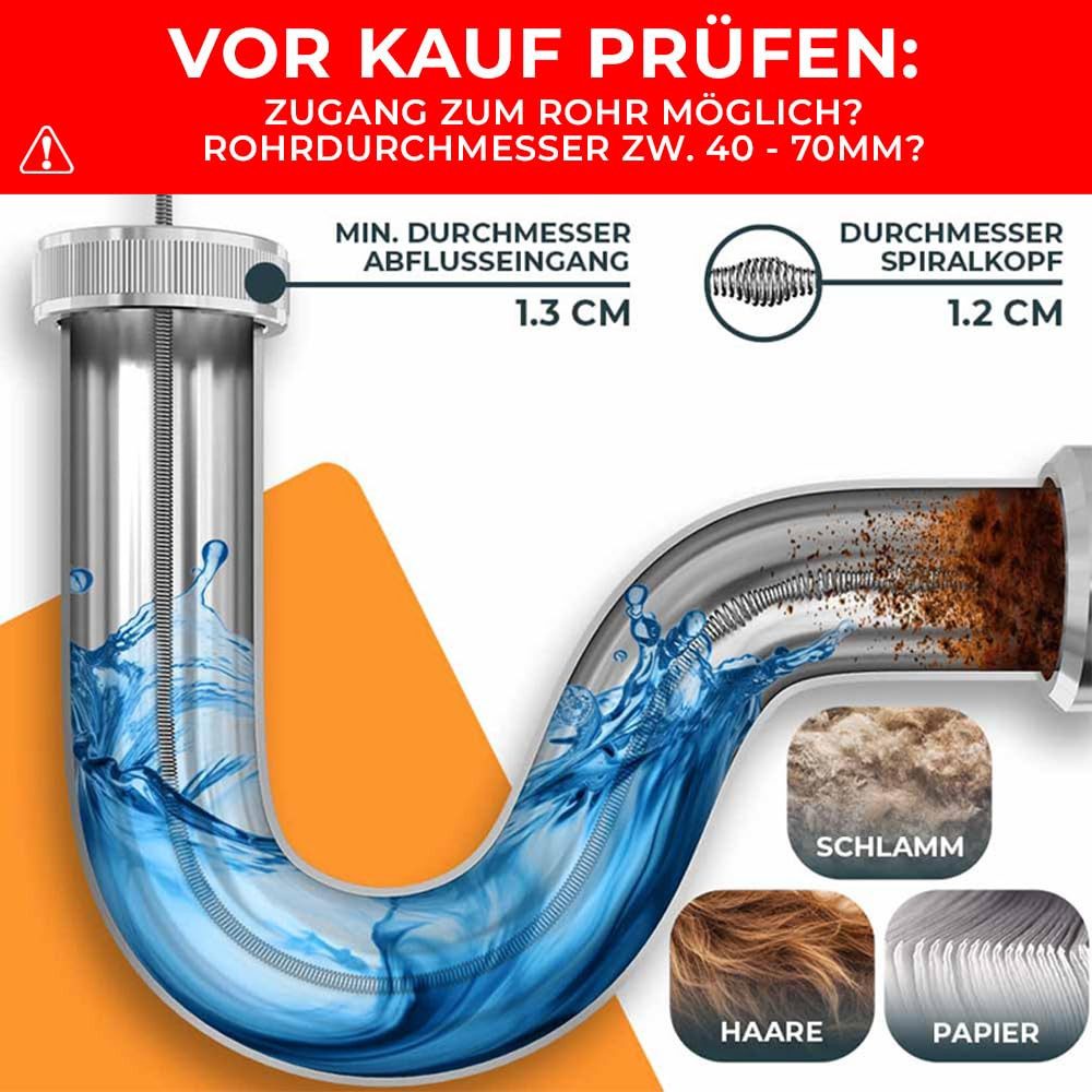 Meisterfaktur Rohrreinigungsspirale 2.0 [7,5m] - mit Bohraufsatz - Ideale Abflussspirale, L: 750 cm