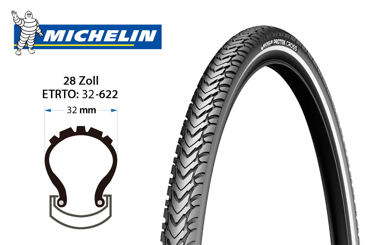 Michelin Fahrradreifen 28Zoll MICHELIN Protek Cross Fahrrad Reifen 32-622 Pannenschutz Mantel