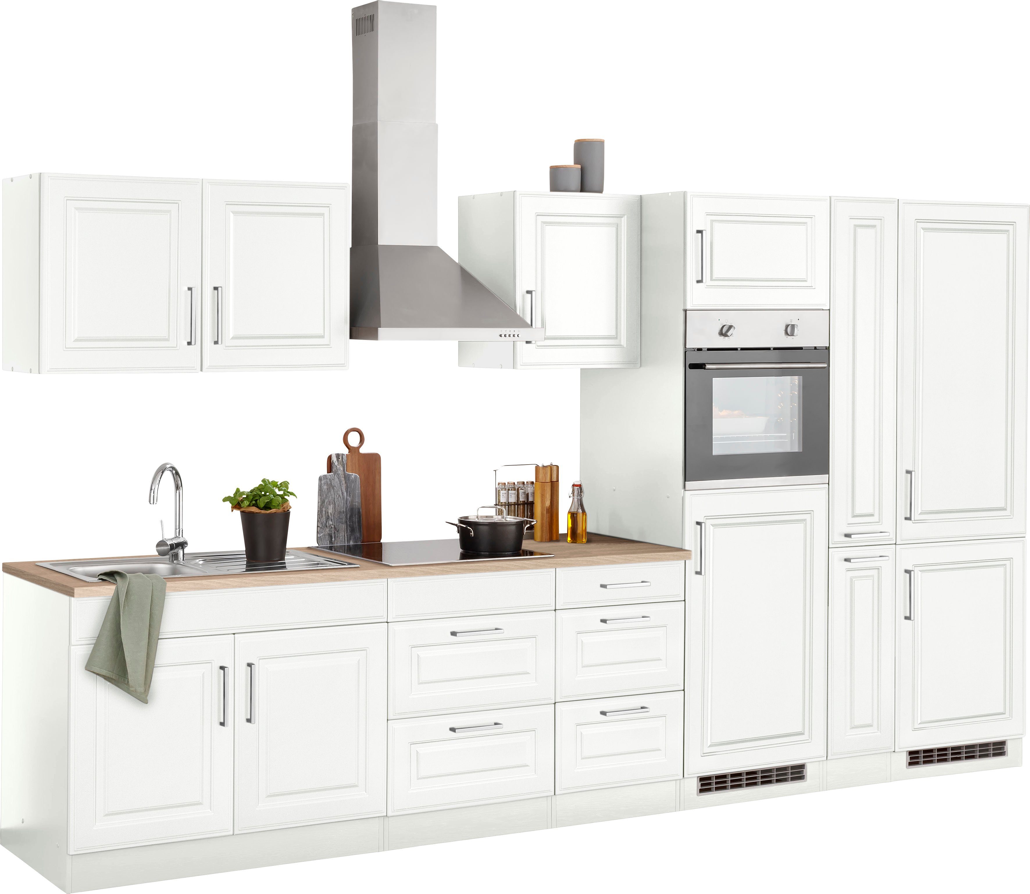 KOCHSTATION Küchenzeile KS-Stockholm – Küche mit hochwertiger und detailreicher Landhausfront, Breite 360 cm, wahlweise mit E-Geräten,mit MDF-Fronten