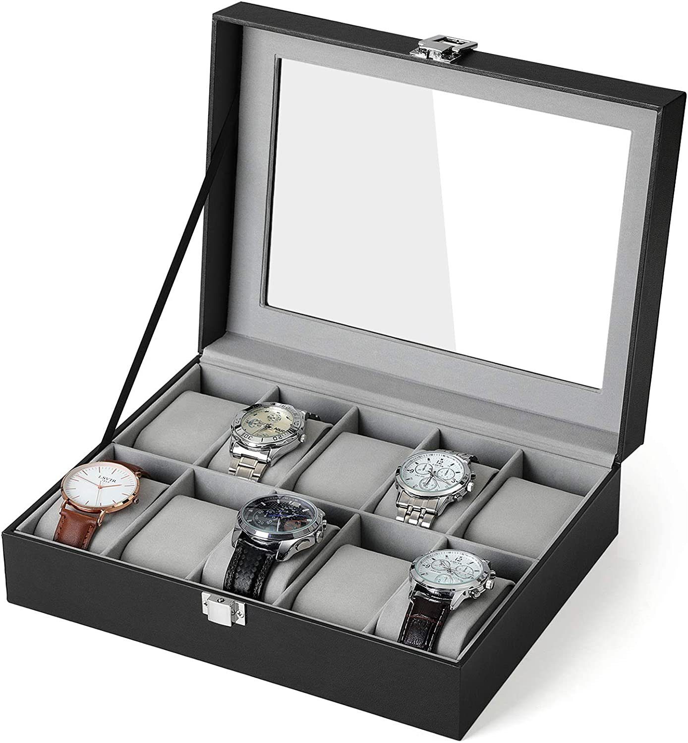 Glasdeckel, cm Uhrenbox Herausnehmbaren mit 7,8 SAMT-Innenfutter, mit 20,2 x 25,4 Grau, Uhrenkasten Uhrenkissen, aus Uhrenbox Schwarz Fächern, Uhrenkoffer mit Metallverschluss, 10 x zggzerg PU,