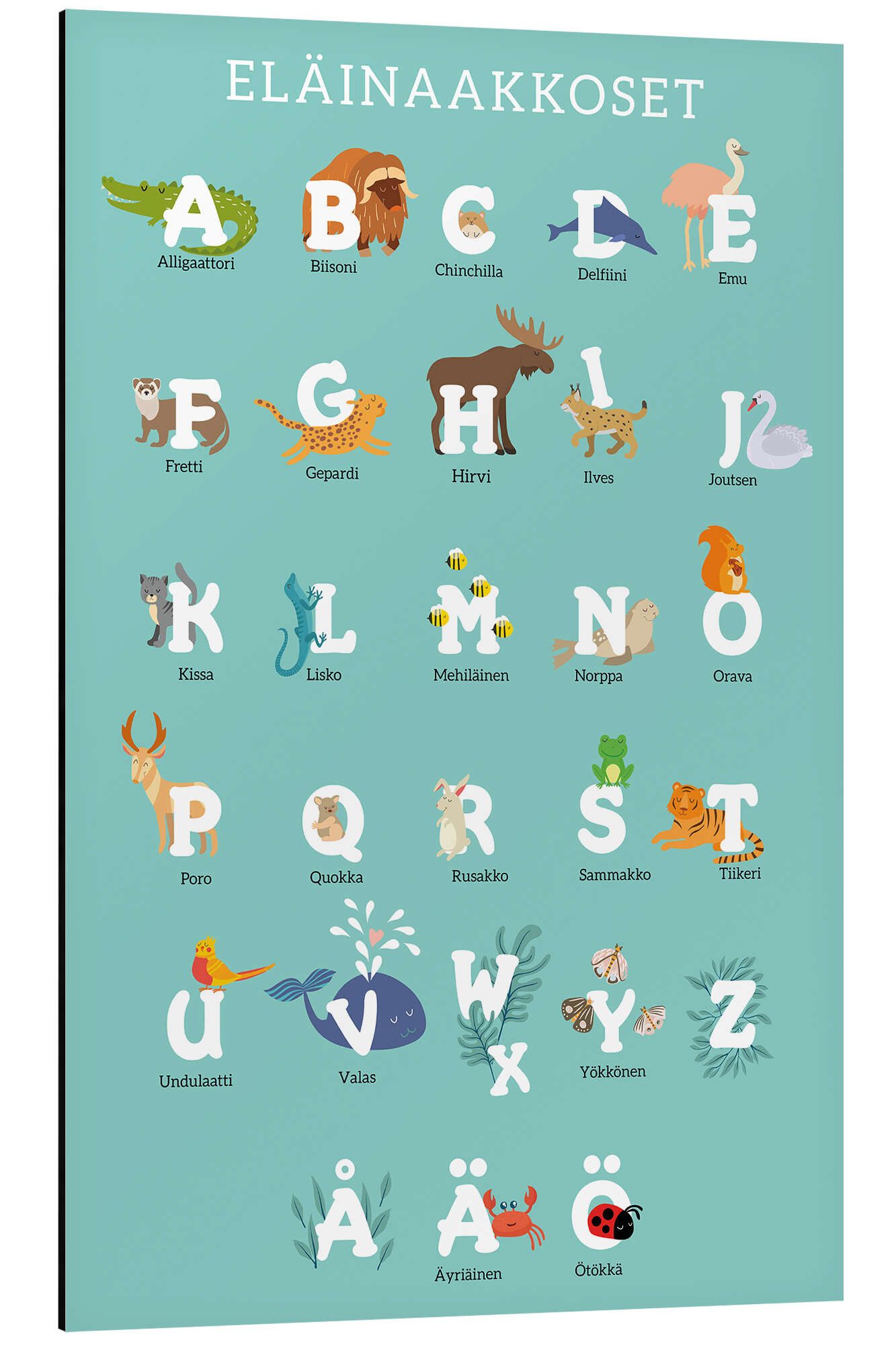 Posterlounge Wandbild Tieralphabet (finnisch), Kidz Collection, erhältlich als Poster, Leinwandbild, Wandsticker oder Acrylglasbild