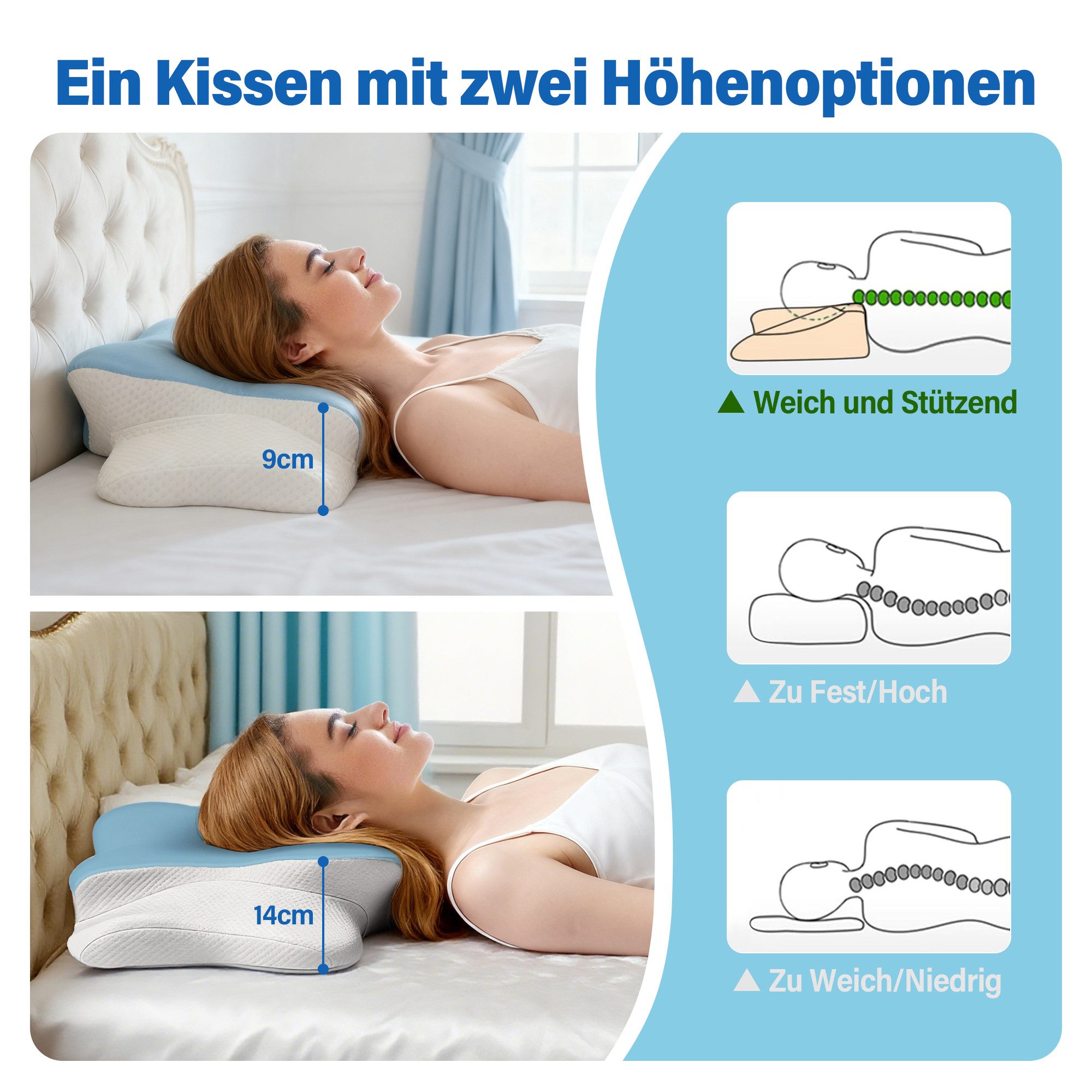 ANYSUN Nackenstützkissen Schlafkissen, Ergonomisches Orthopädisches Kissen, Füllung: 100% Polyurethan, Bezug: 87% Nylon, 13% Spandex, Seitenschläfer, Rückenschläfer, Bauchschläfer, Kissen vom OEKO-TEX®, für Erwachsene, Männer, Frauen