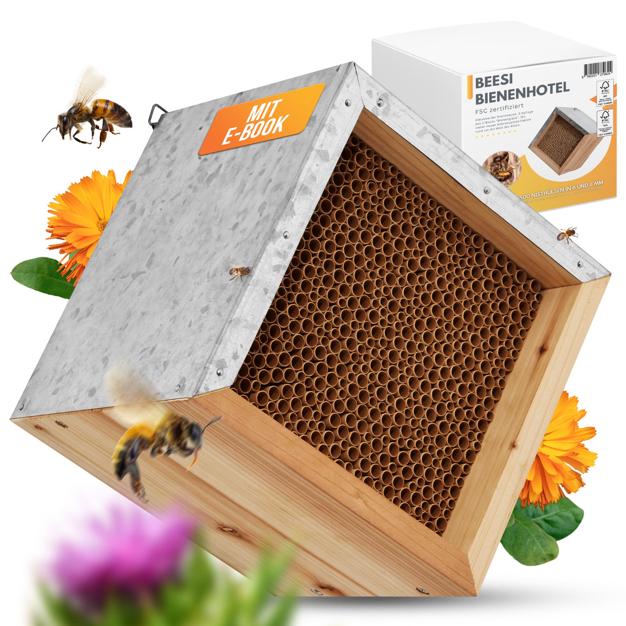 Insektenhotel BEESI Bienenhotel mit Metalldach I 600 Nisthülsen aus Pappe 6 & 8 mm Ø
