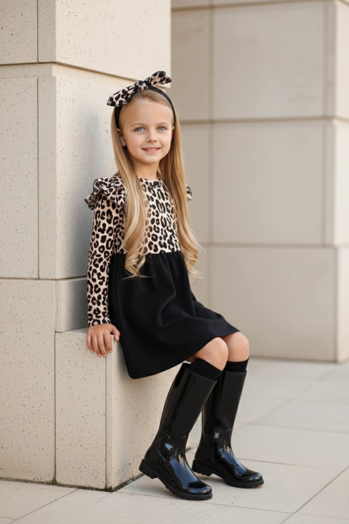 Parla Kids Kleid & Haarband Kleid - schwarz Leopardenmuster - Rüschensaum und passendes Haarband – Bild 4 von 5