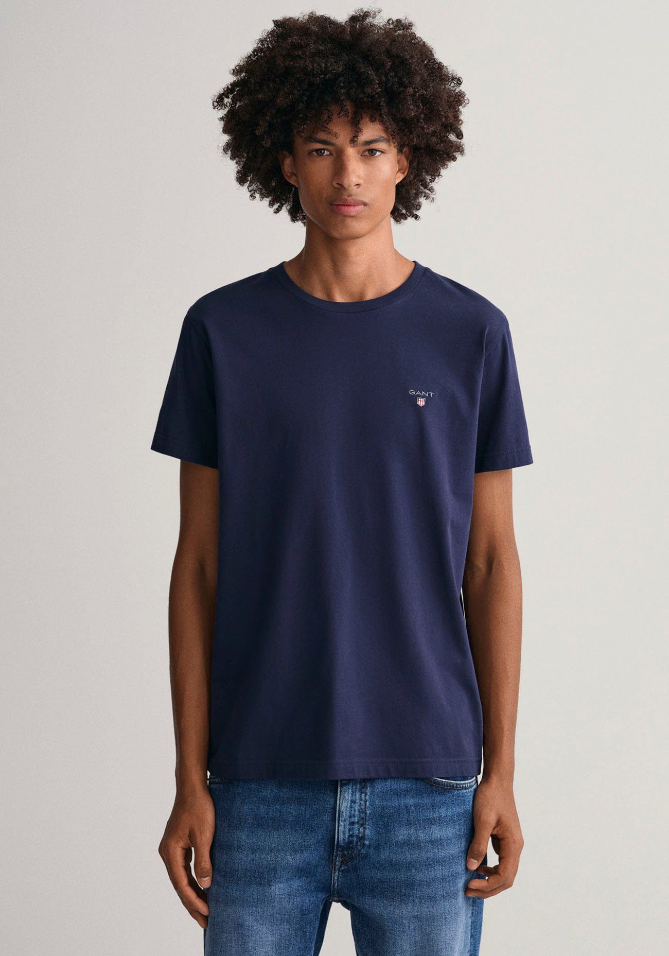 Gant T-Shirt SS Kontrast-Logostickerei mit evening kleiner blue ORIGINAL T-SHIRT