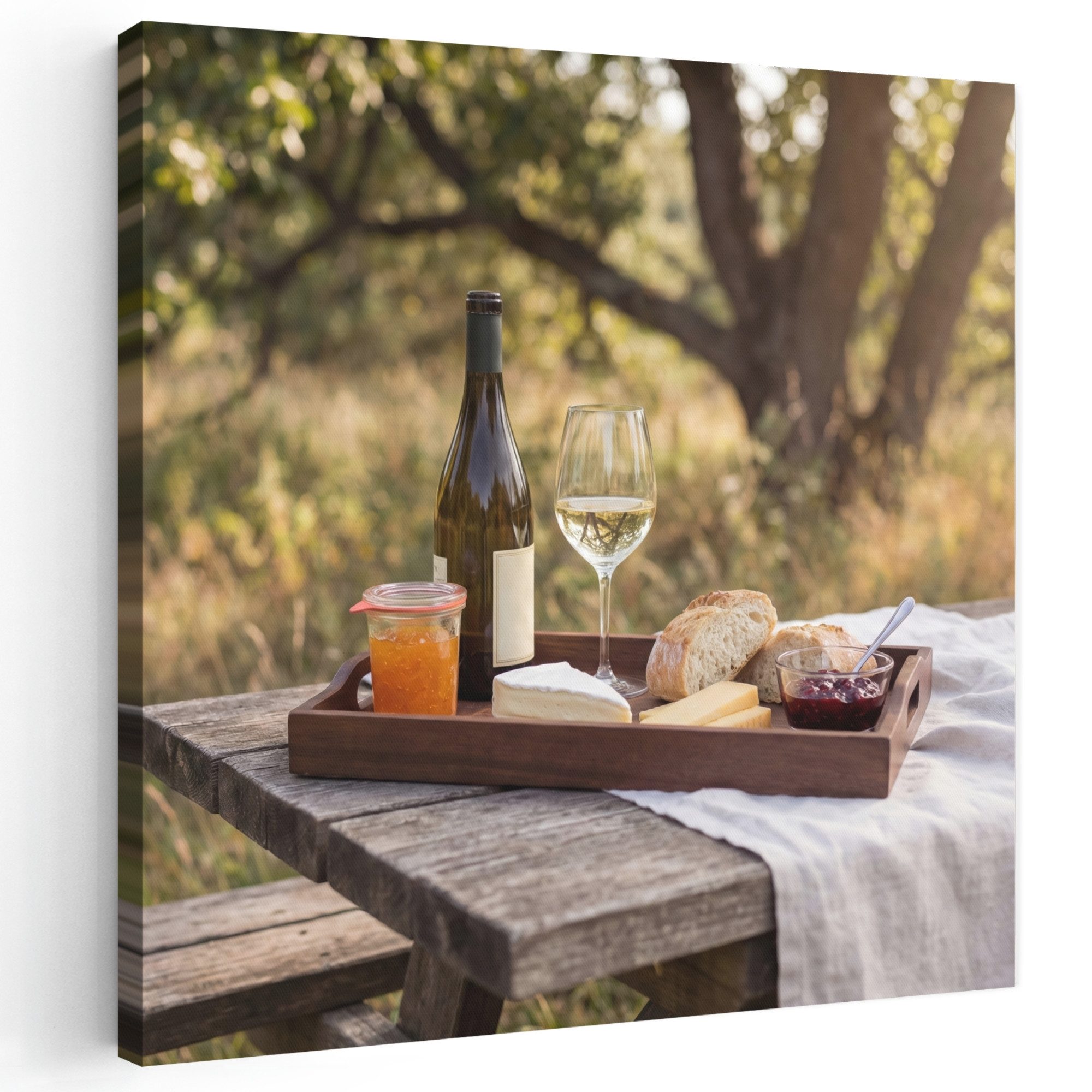 OneMillionCanvasses® Leinwandbild Picknick - Wein - Käsetafel, Fotodruck (1 St), Wandbild, Deko Schlafzimmer Wohnzimmer Flur 20x20 cm