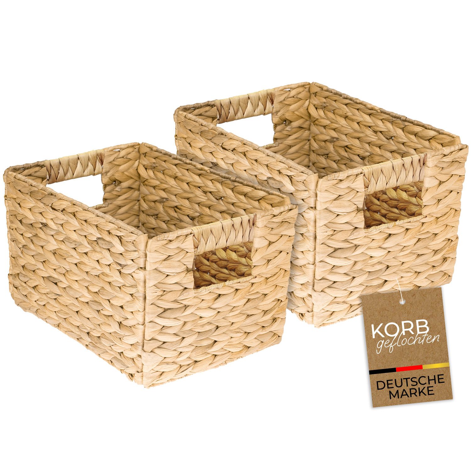HMF Aufbewahrungskorb Aufbewahrungskorb geflochten aus Wasserhyazinthe mit Tragegriffen (2 St., 2er Set), für Bad, Küche und Wohnbereich, Größe M 32 x 23 x 20 cm, Naturfarben