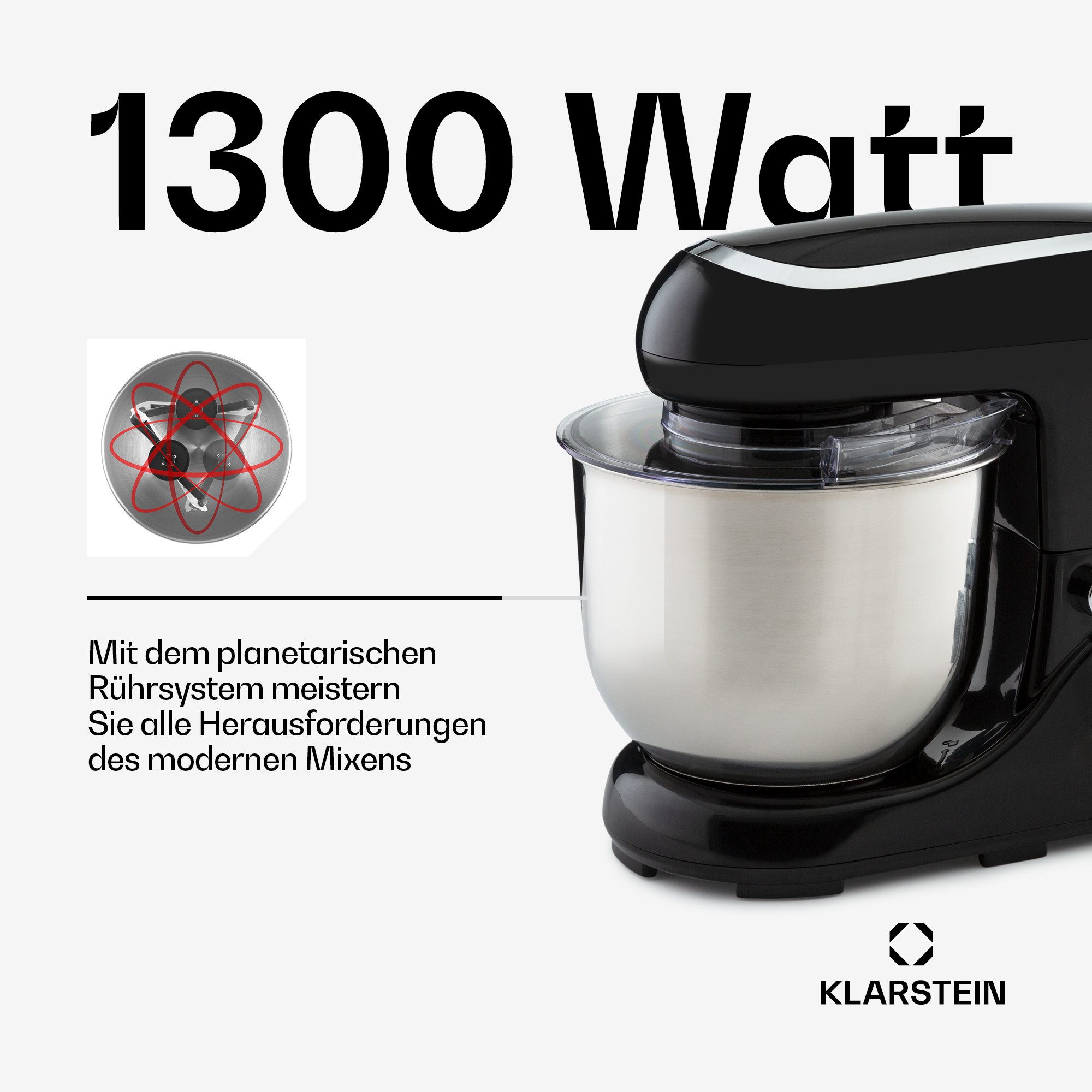 Klarstein Küchenmaschine Bella Pico 2G Küchenmaschine 1300W 1,7PS 6 Stufen 5L Edelstahl ABS, 1300 W, 5 l Schüssel, Knetmaschine Teigmaschine Teigknetmaschine Rü – Bild 3 von 5