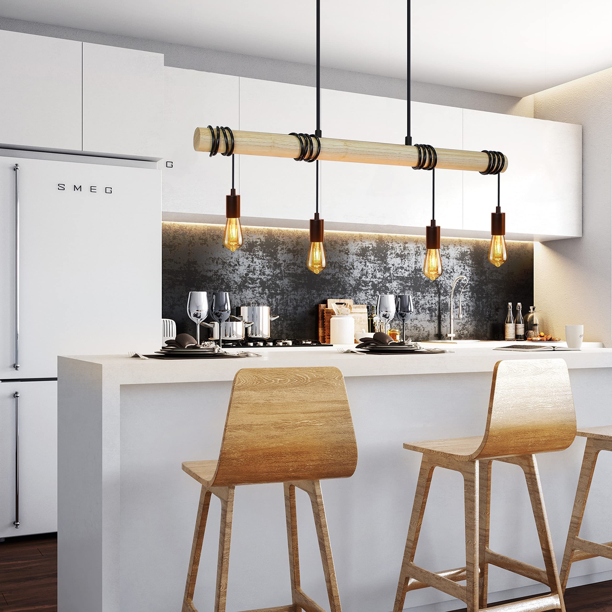 ZMH Pendelleuchte retro Holz Rustikal Leuchtmittel Küchen Industrial E27, 4 ohne schwarz flammig Esszimmer
