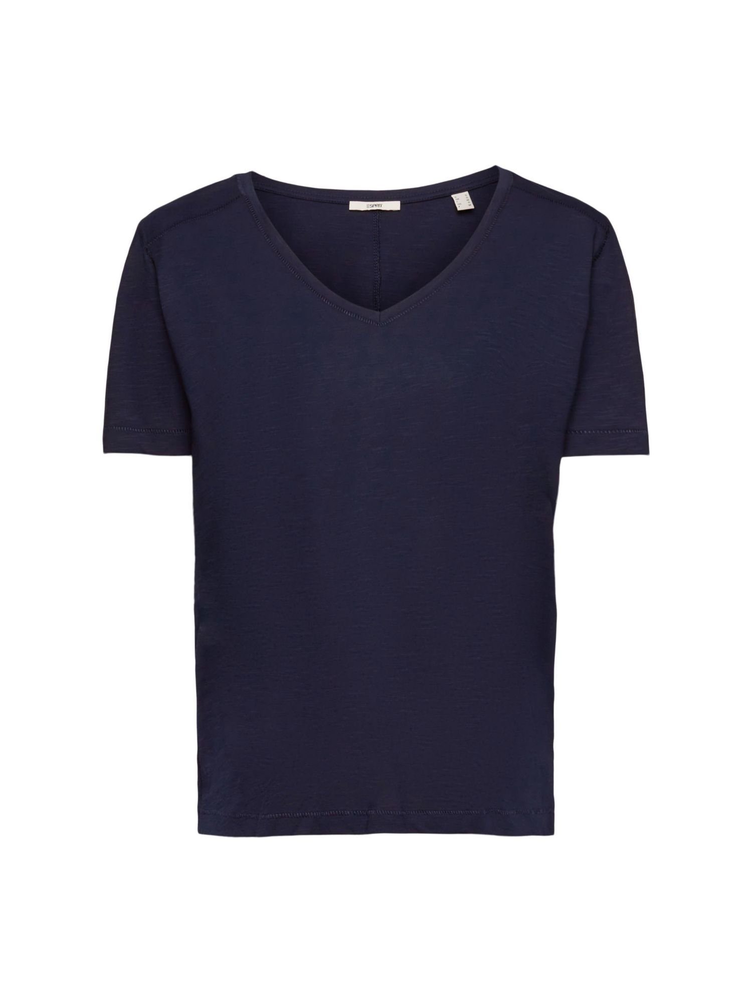 Esprit T-Shirt Baumwoll-T-Shirt mit V-Ausschnitt und Ziernähten (1-tlg) NAVY