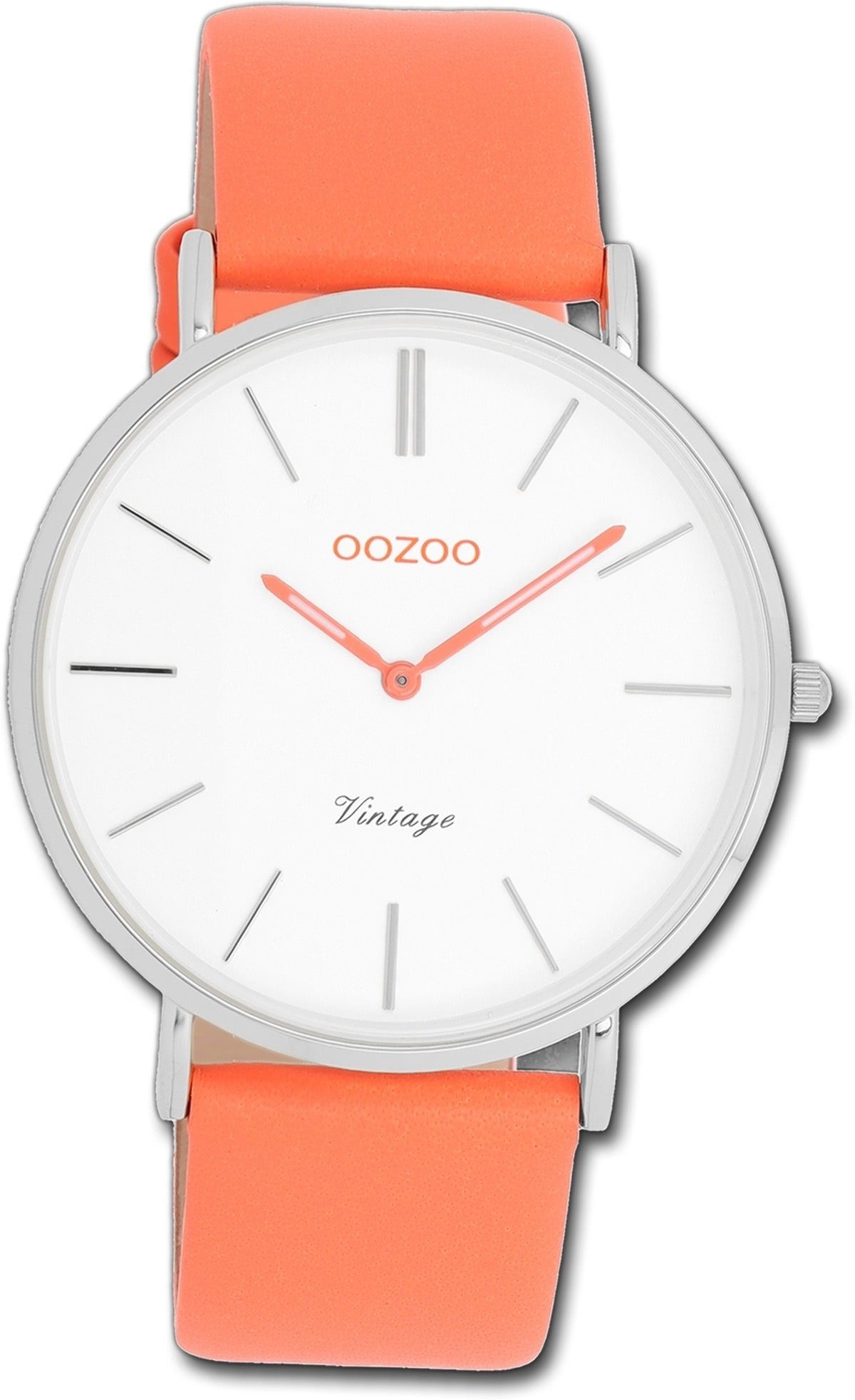 OOZOO Quarzuhr Oozoo Damen Armbanduhr Vintage orange, Damenuhr Lederarmband orange, rundes Gehäuse, groß (ca. 40mm)