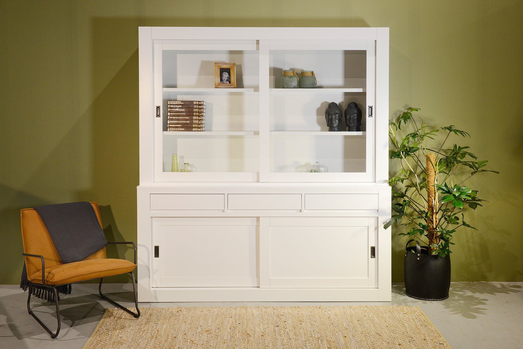 Wohnpalast Glasvitrine Vitrinen Schrank Living weiß 200 cm Buffet mit Schiebetüren