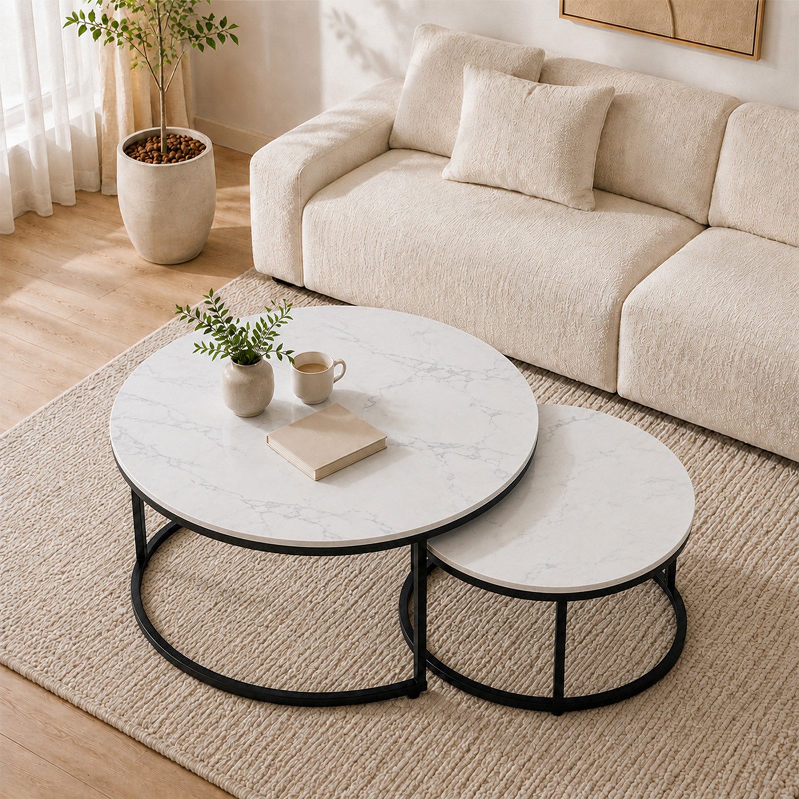 HomeGuru Couchtisch rund, Satztische 2 St., Marmormuster, Sintergestein, modernes Design (2-St., Set)