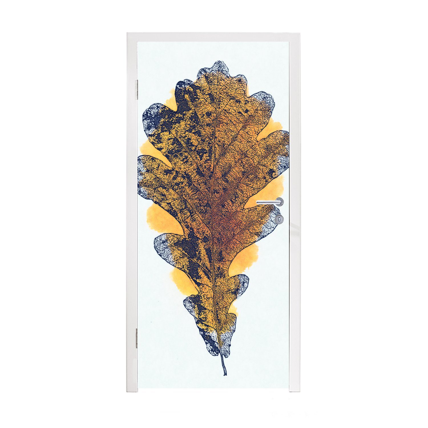 Matt, Orange (1 - Türaufkleber, Aquarell bedruckt, cm Tür, Türtapete Eichenblatt, St), für MuchoWow - Fototapete 75x205
