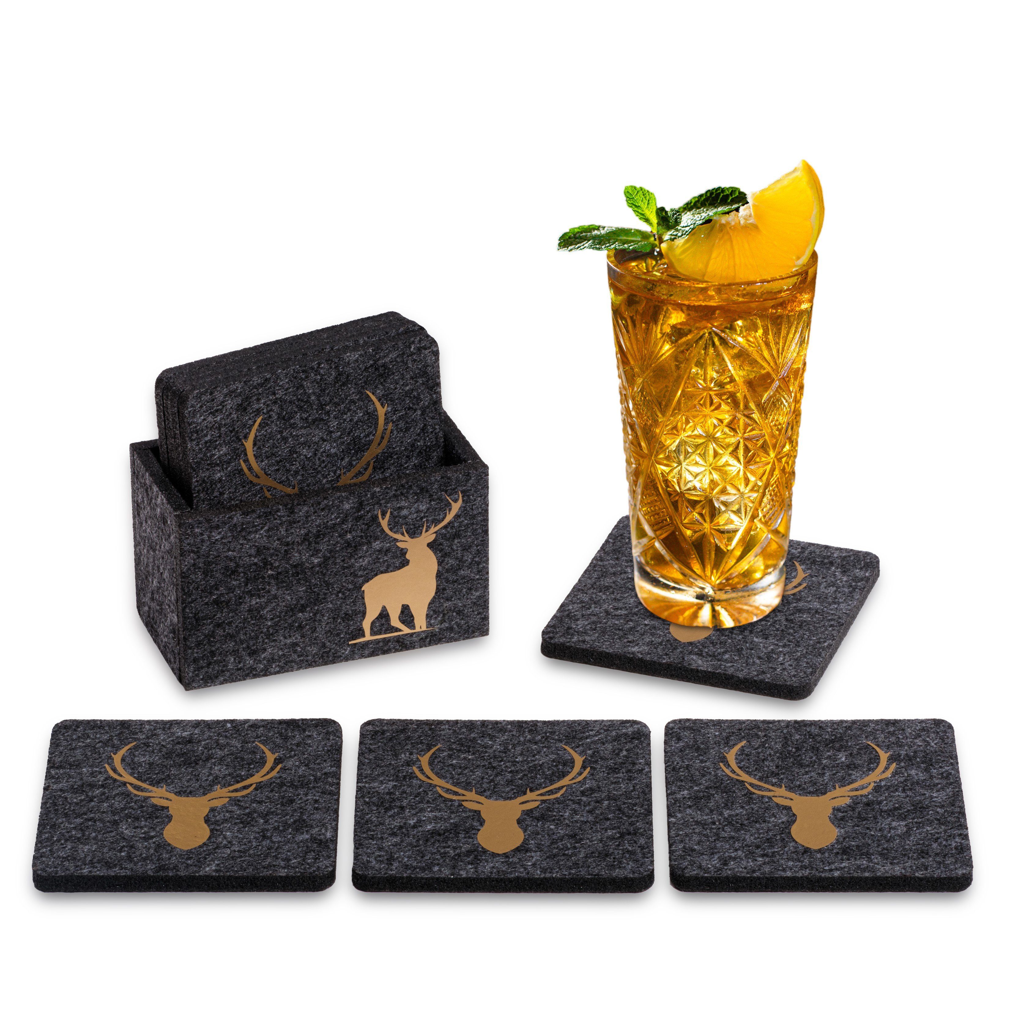 Camolo Glasuntersetzer aus Filz Hirsch anthrazit / gold mit Box, 9-tlg., Mit Motiven