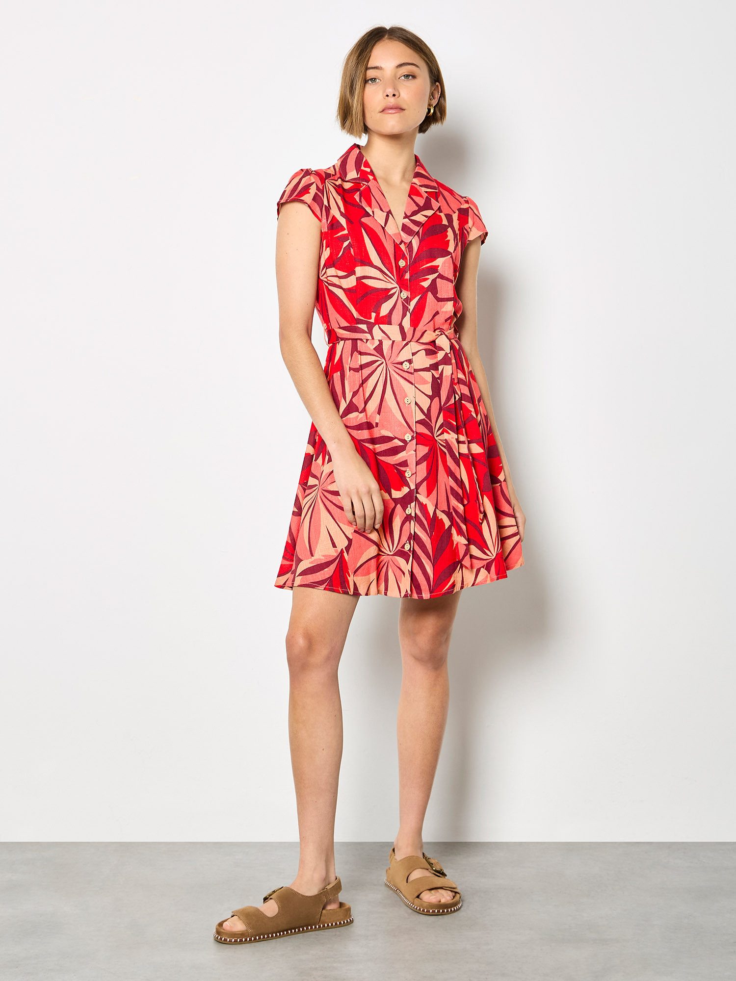 Apricot Minikleid Minikleid im Hemdstil mit tropischem Blattmuster Bedruckt