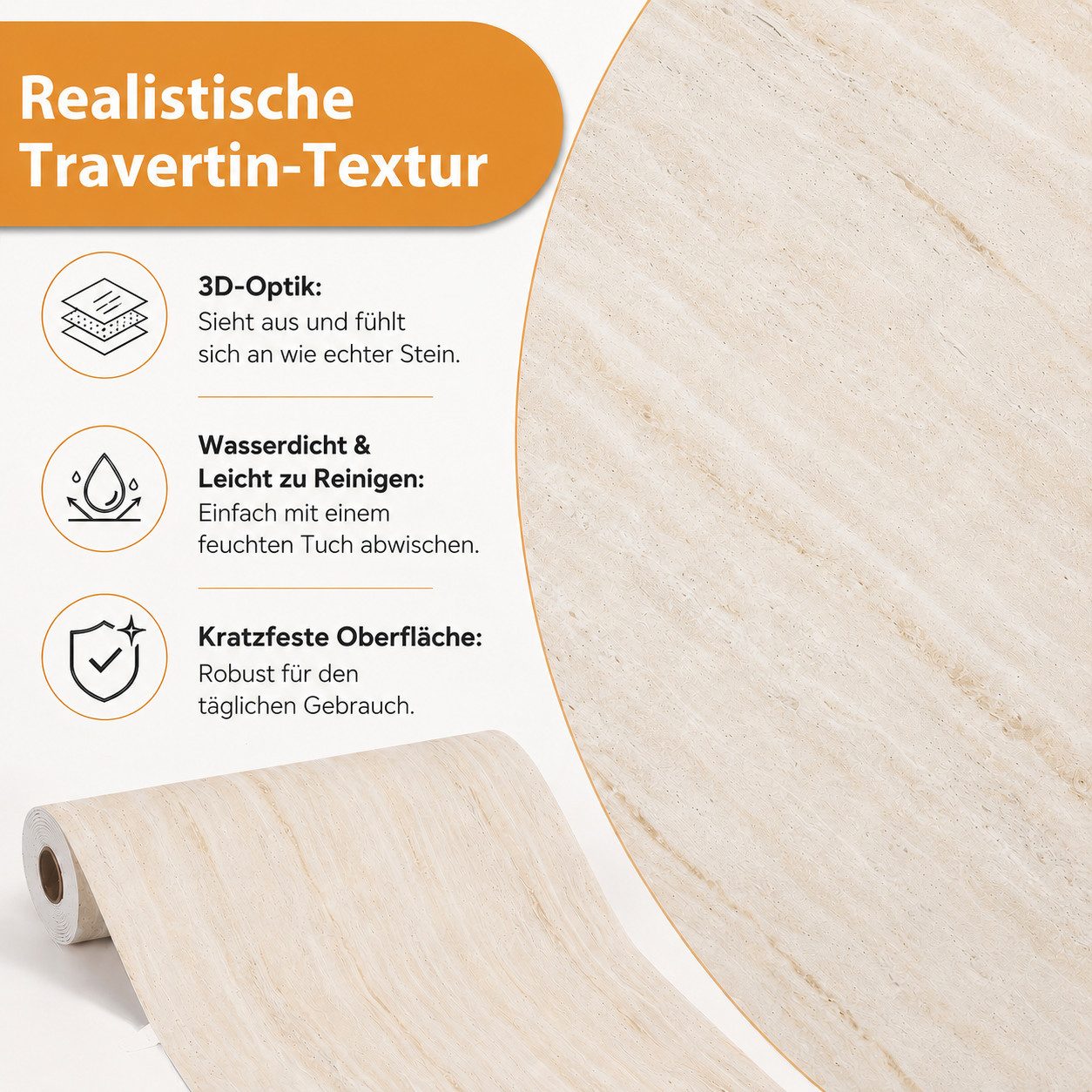 BlingBin Wandfolie 40x300 cm selbstklebend, Travertin Steinoptik, Dekorfolie, Travertin (Wandfolie, 1 St), Wasserabweisend, DIY Renovierungsfolie, für Küche, Ba – Bild 3 von 5