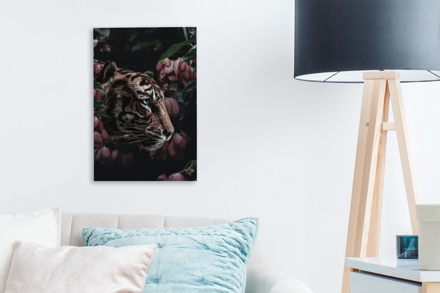 Tiger fertig Blumen, cm Zackenaufhänger, 20x30 Rosa (1 inkl. - Leinwandbild Gemälde, bespannt St), OneMillionCanvasses® Leinwandbild -
