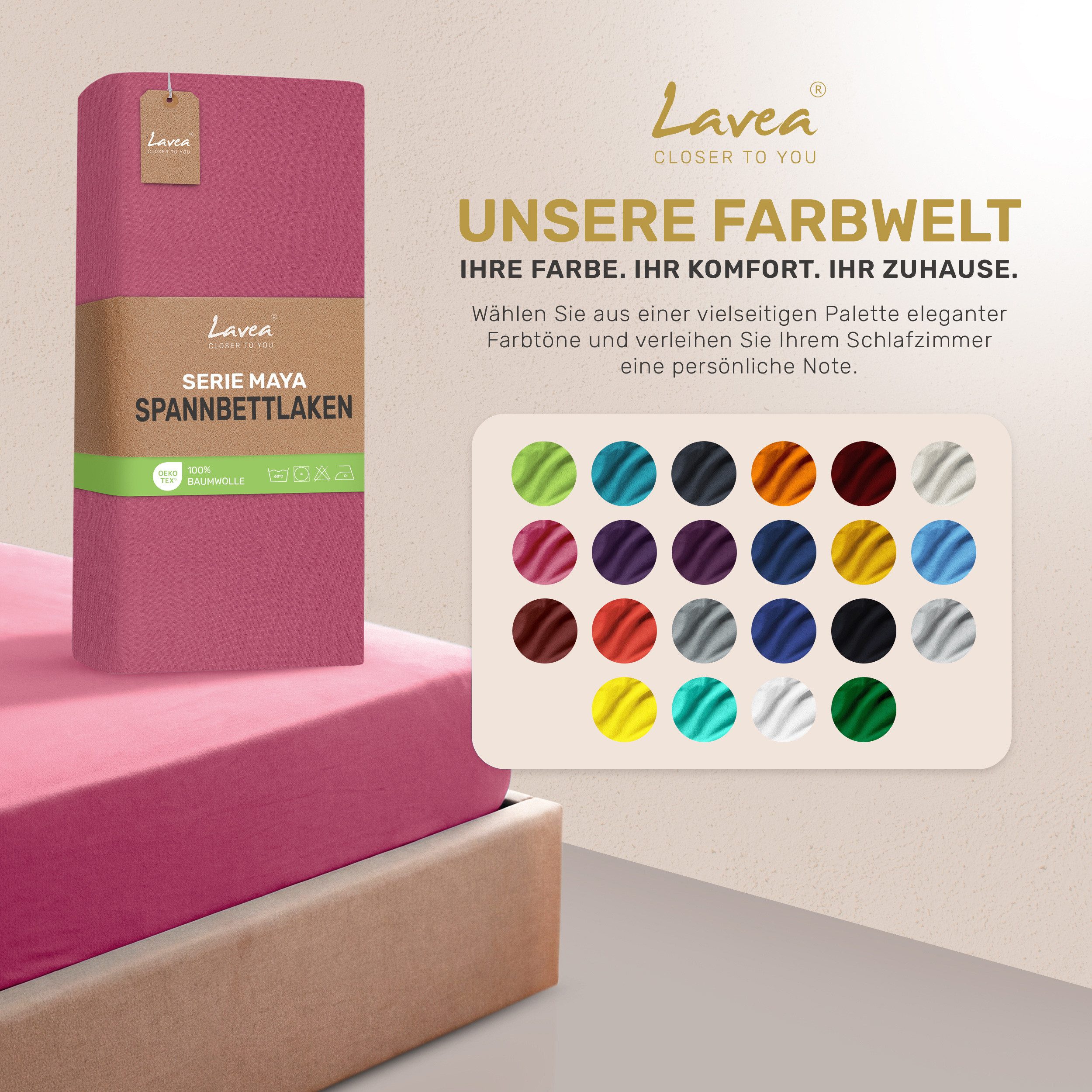 Lavea Spannbettlaken Bettlaken Maya, 180x200cm, 200x200cm, 140x200cm, 160x200cm, 100% Baumwolle Jersey, Gummizug: rundum, (1 Stück), für Matratzen, Topper, Boxs – Bild 4 von 5