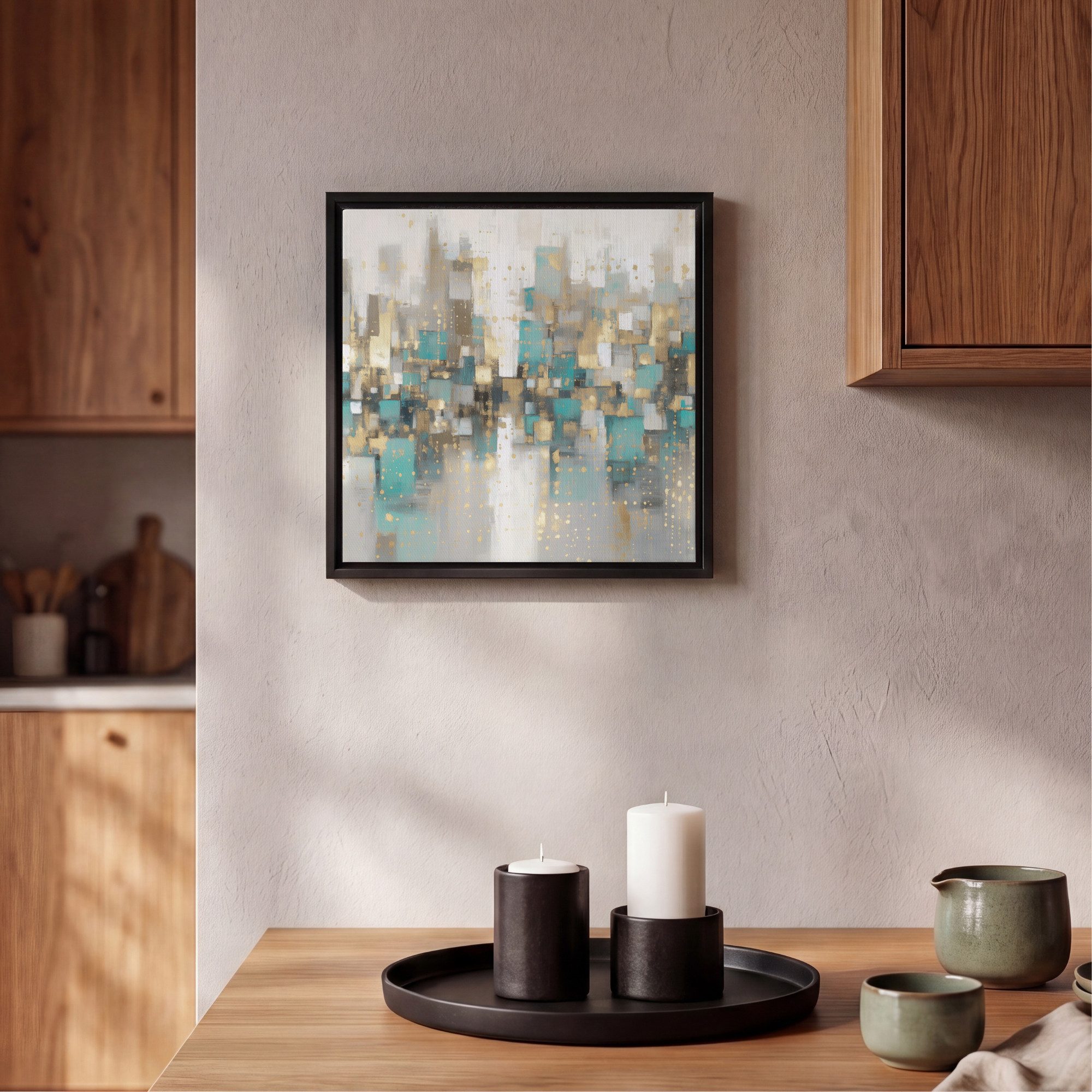 OneMillionCanvasses® Leinwandbild mit Rahmen - Abstrakt - Blöcke - Gold - Skyline, Fotodruck (1 St), Leinwand Bilder Klein, Wand Dekoration Aesthetic 20x20cm – Bild 2 von 5