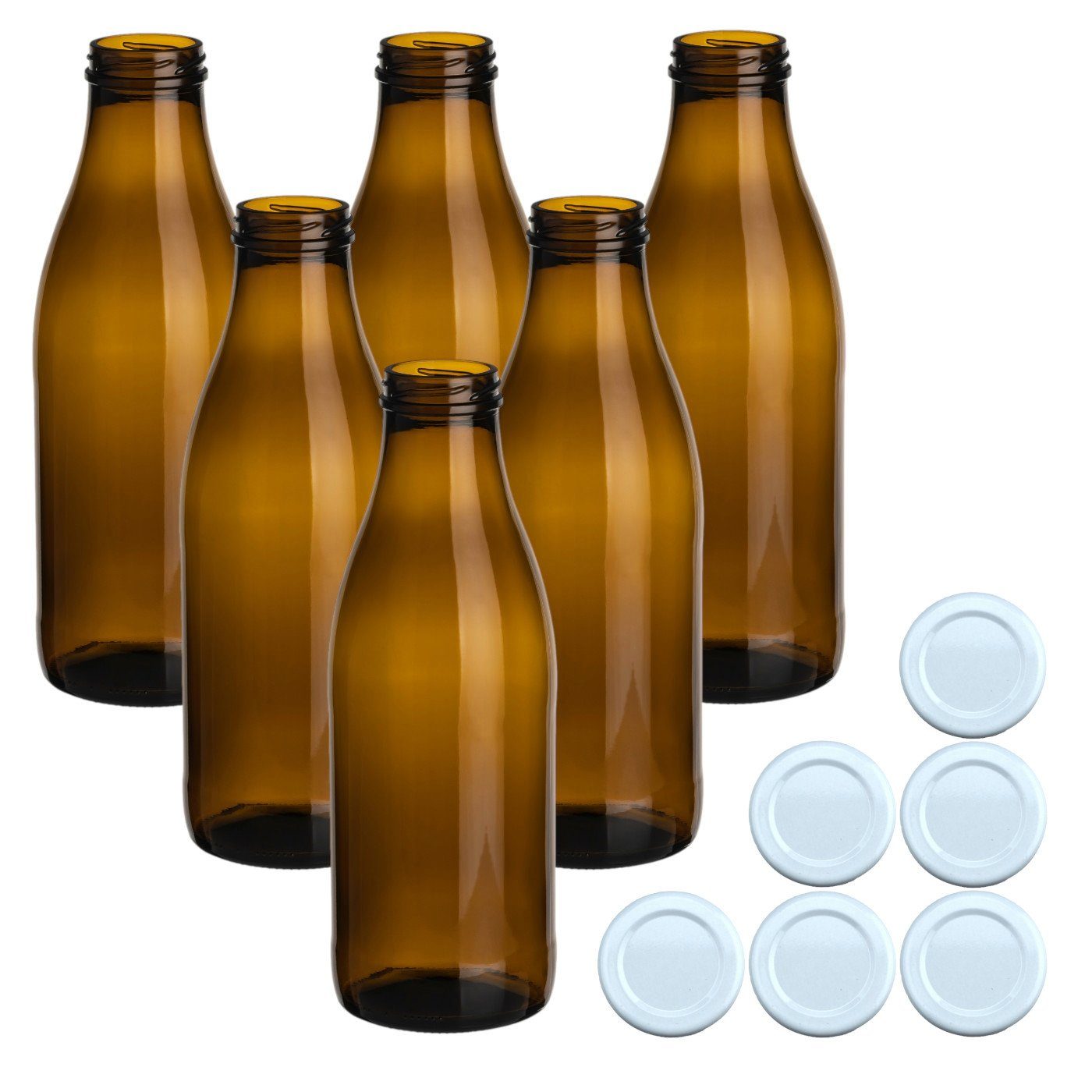 gouveo Trinkflasche Saftflaschen 1000 ml mit Schraub-Deckel - Große Flasche 1,0 l aus Glas, 6er Set, braun/weiß
