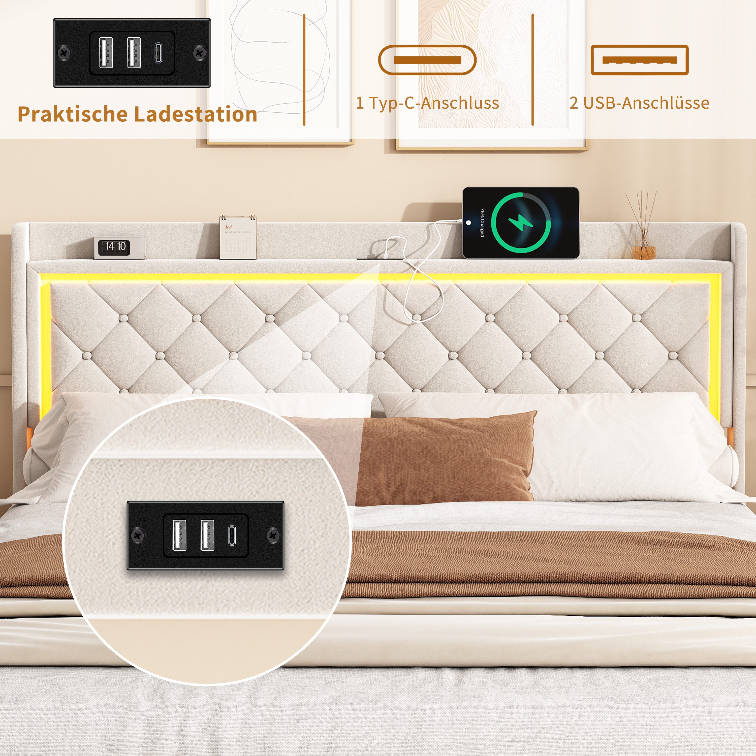 Simurq Stauraumbett Polsterbett 140x200/190cm, Doppelbett mit 4 Schubladen,LED mit USB (2 USB-Ports und 1 Typ-C-Anschluss, Jugendbett mit Bettkasten und Lattenr – Bild 4 von 5