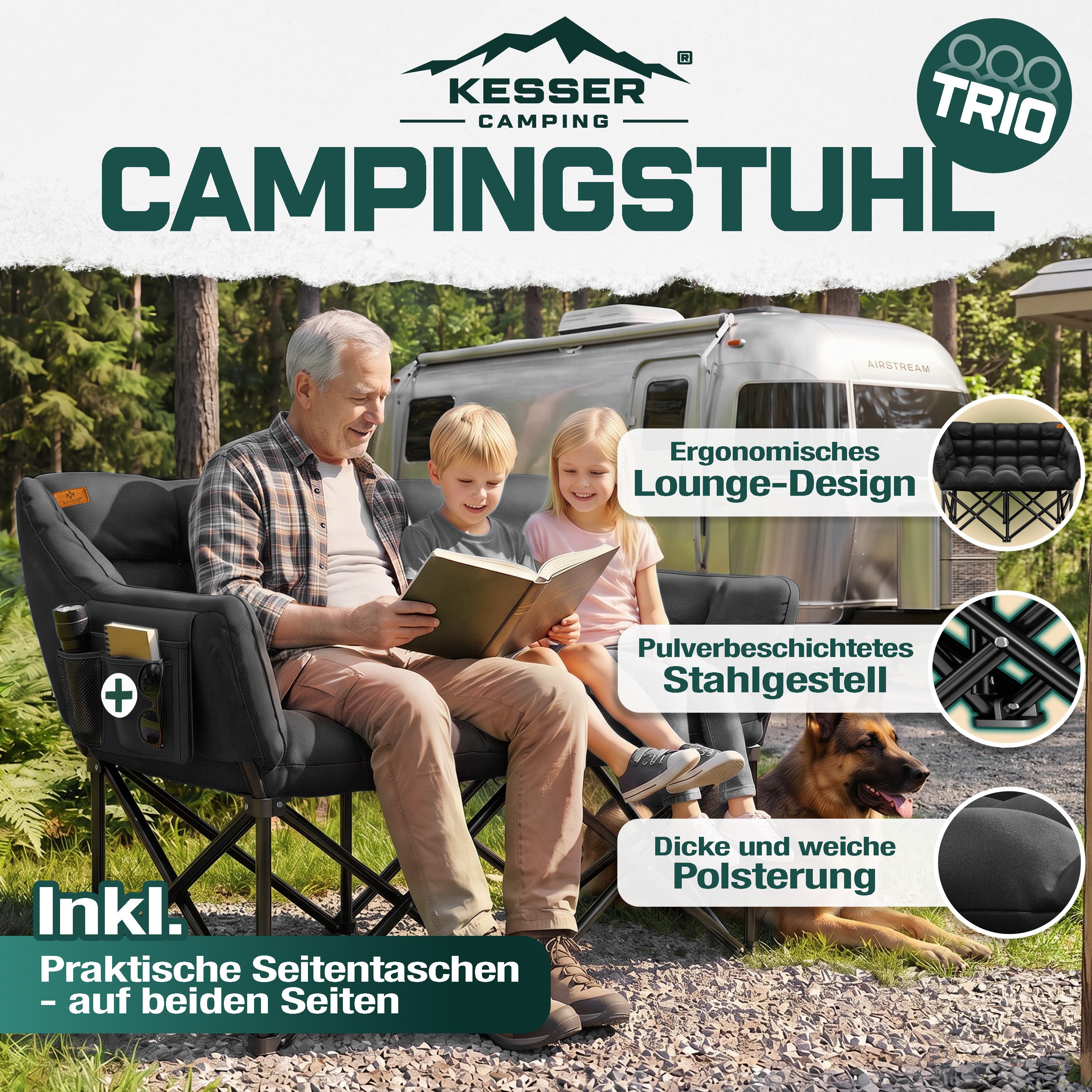 KESSER Campingstuhl für 2 Personen Campingsofa faltbar 300 kg Duo breit & gepolstert, Indoor & Outdoor Campingcouch mit Seitentaschen & Tasche