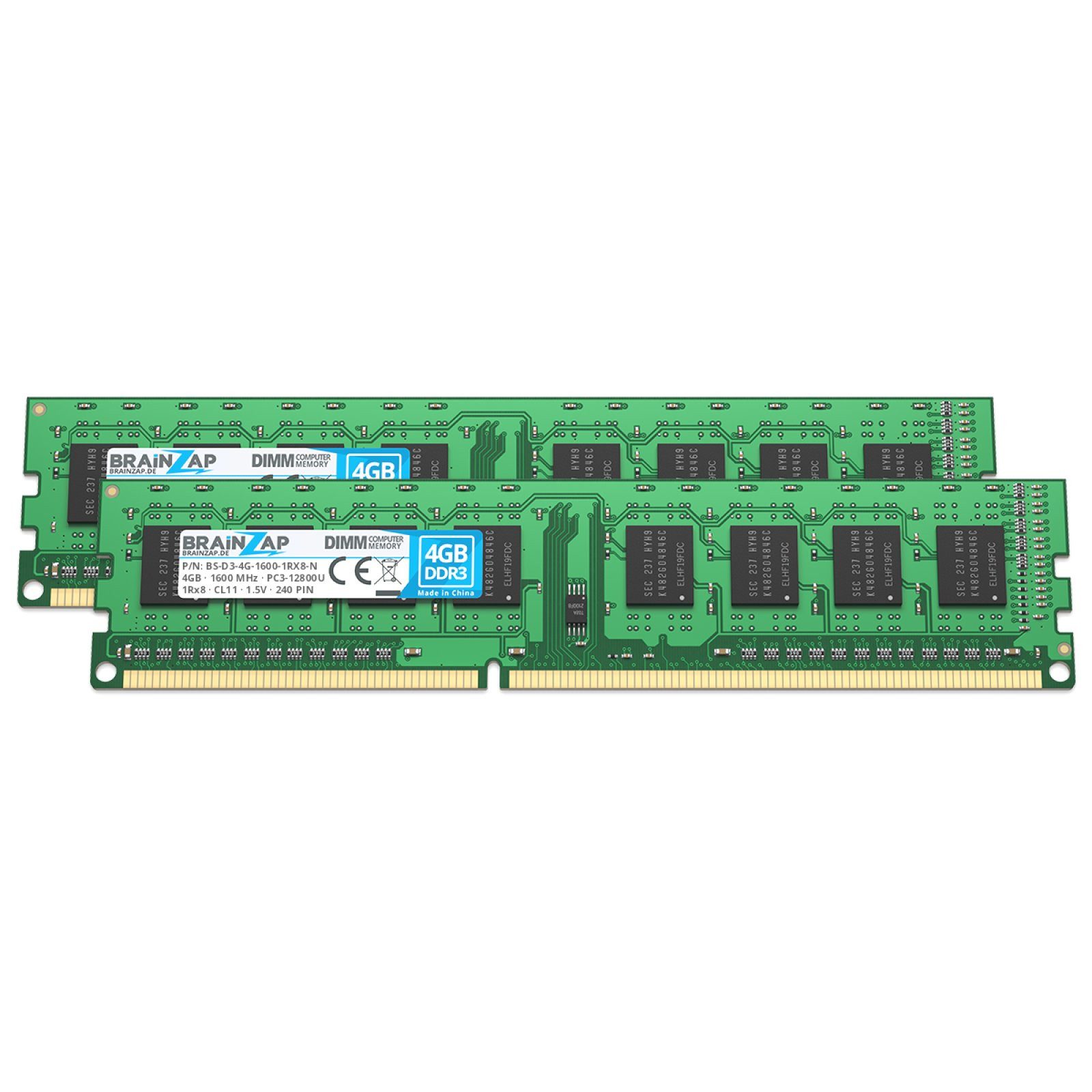 BRAINZAP 8GB (2x 4GB) RAM PC3-12800U-11 DIMM PC-Arbeitsspeicher (1600 MHz, CL11, 1Rx8, Non-ECC, Unbuffered, Desktop-PCs - Intel und)