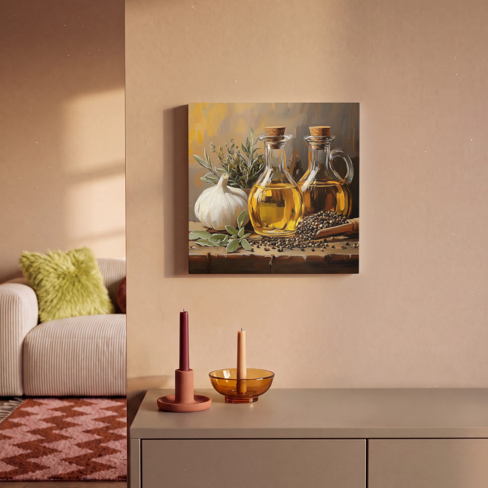 OneMillionCanvasses® Leinwandbild Stilleben - Olivenöl - Knoblauch - Kräuter, Fotodruck (1 St), Wandbild, Deko Schlafzimmer Wohnzimmer Flur 20x20 cm – Bild 2 von 5