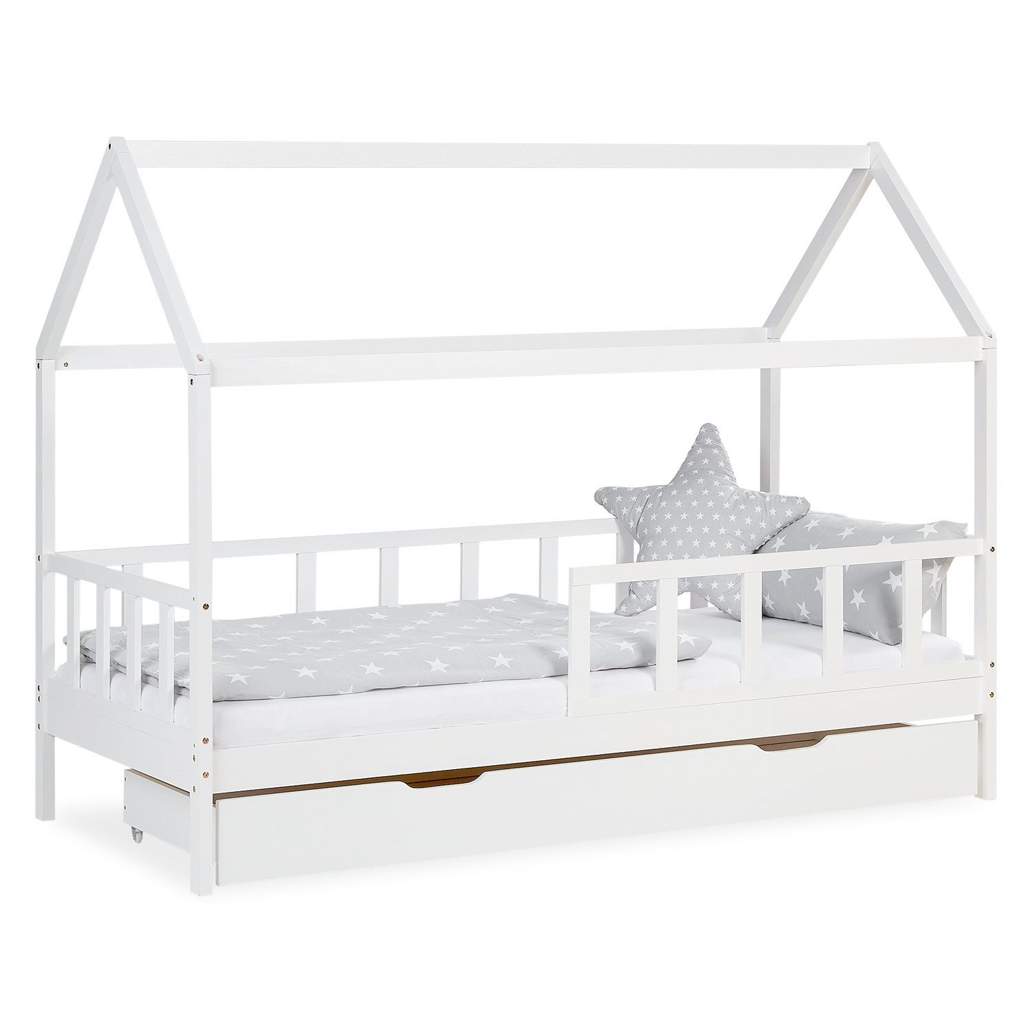 Homestyle4u Kinderbett 90x200 Hausbett Weiß Holz Rausfallschutz erhöht Klei günstig online kaufen