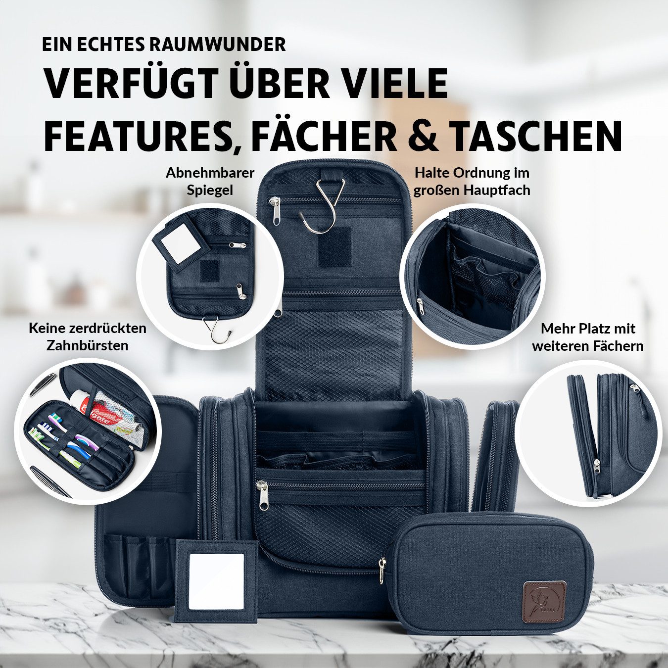 Obics Kulturbeutel XXL 8 Liter (Set, 2 Teilig), zum Aufhängen - Kosmetiktasche für Damen & Herren 10 Fächer