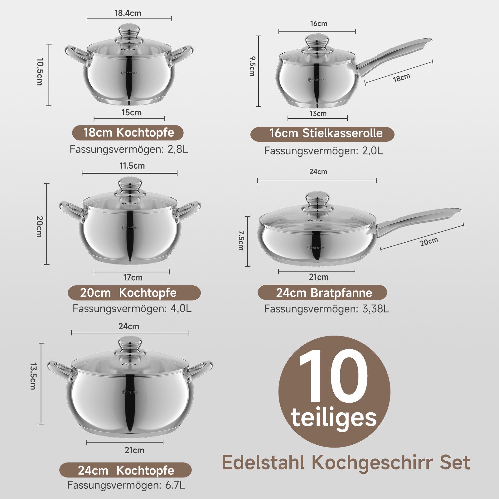 Scheffler Topf-Set 10tlg Edelstahl Topfsets für alle Herdarten, Edelstahl (3,38/2,0/2,8/4,0/6,7 Liter, für alle Herdarten), Induktion, robust und hochwertig