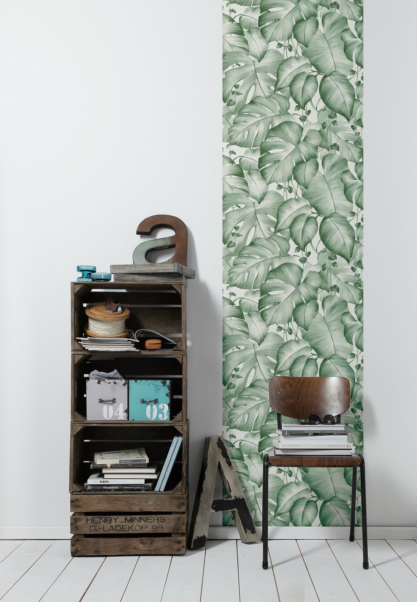 living walls Vinyltapete Panel floral, Palmen Selbstklebend 0,52 Tapete Pop m Dschungel strukturiert, Weiß m Grün 2,50 Up 3D, Panel x