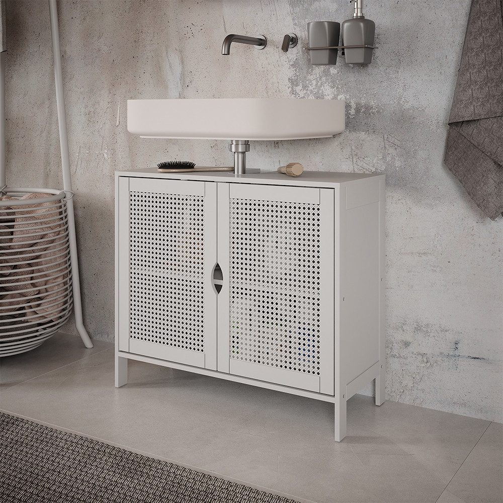 Vicco Waschbeckenunterschrank Liora, Weiß/Rattan/Creme, 68 x 60 cm mit 2 Türen (1-St)