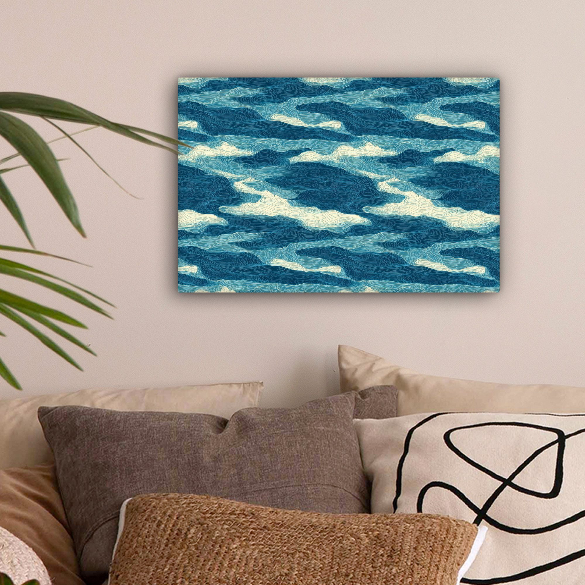 OneMillionCanvasses® Leinwandbild Wellen - Abstrakt - Muster - Blau - Weiß, Fotodruck (1 St), Leinwand Bilder Klein, Wand Dekoration Aesthetic 30x20 cm – Bild 2 von 5