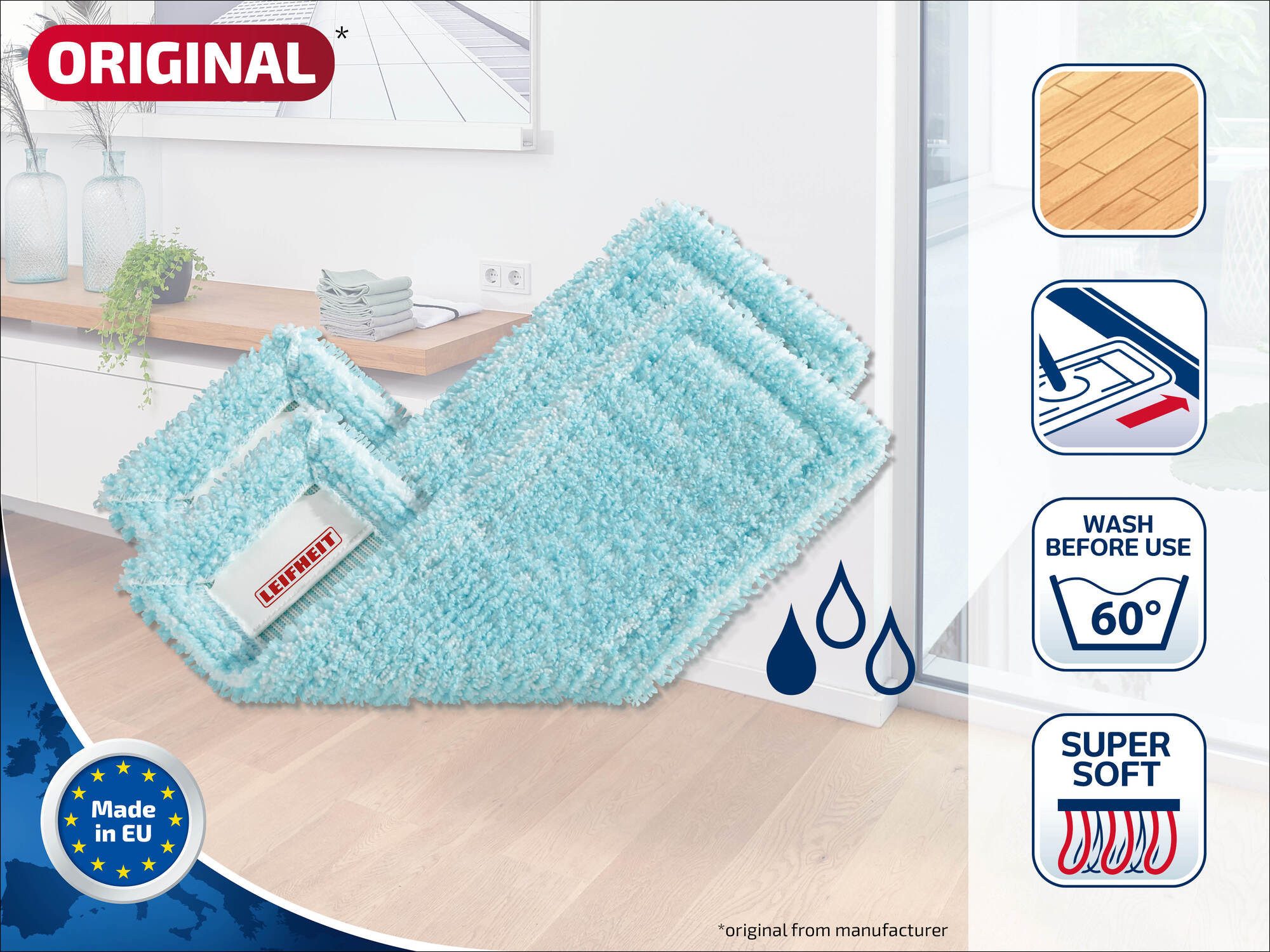 Leifheit Wischbezug Profi XL super soft 2er Set Wischbezug (Kunstfaser, 16.0x48.0 cm, 2-tlg., Waschbar bei 60°C, Wischbreite 42cm, für Parkett/Laminat/Kork) – Bild 3 von 5