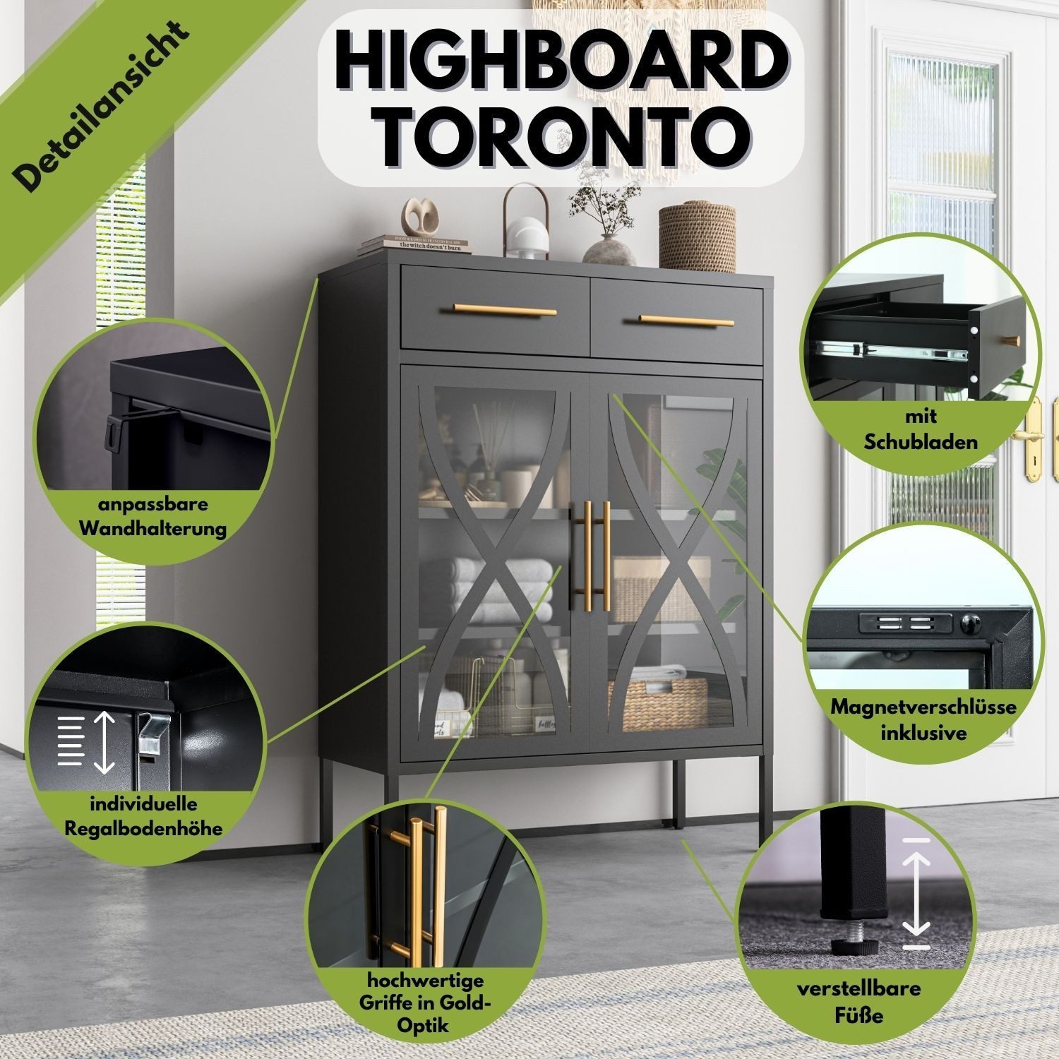 Mein-Regal Sideboard TORONTO, Schwarz Kommode Metall günstig online kaufen