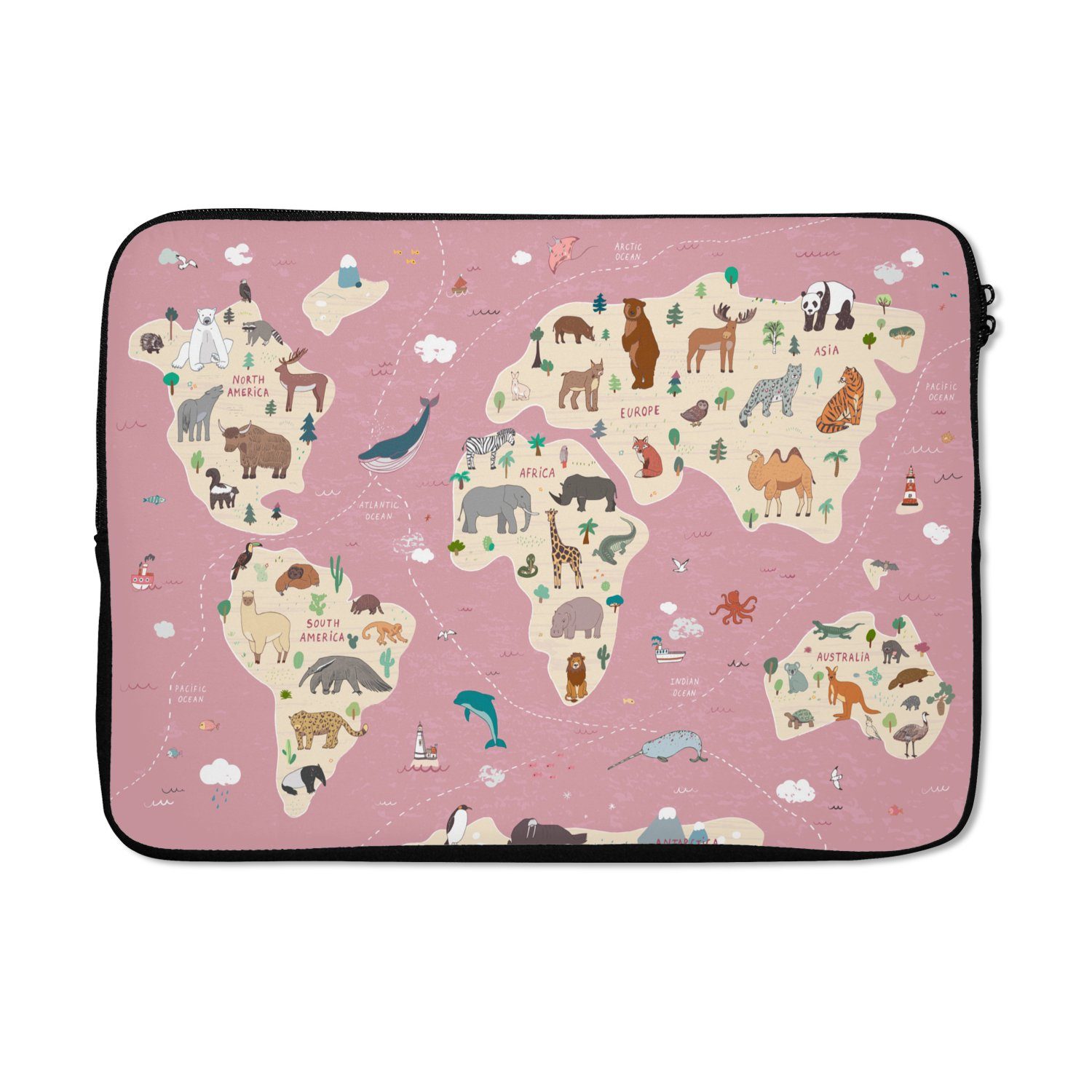 MuchoWow Laptop-Hülle Weltkarte Kinder - Tiere - Erde - Jungen - Mädchen - Rosa 13.3 Zoll, Laptopsleeve, weiches Innenfutter zum Schutz Kratzern, Laptoptasche