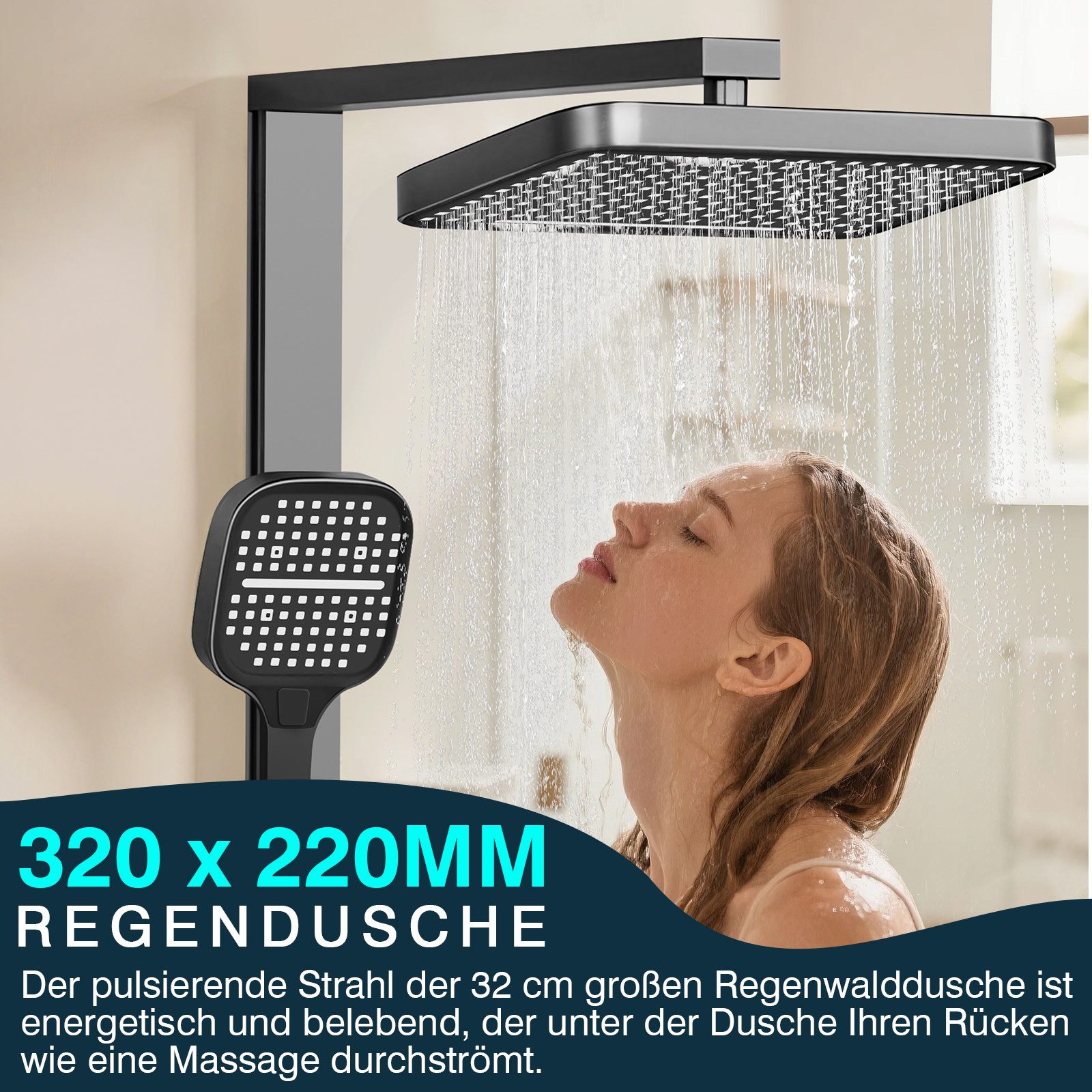 XIIW Duscharmatur 4 Funktion mit Temperatur-LED-Display Duschsystem Duschstange Duschset (Komplettset mit Spritzpistole, Badewannearmatur, 32x22cm 360° Regendus – Bild 4 von 5