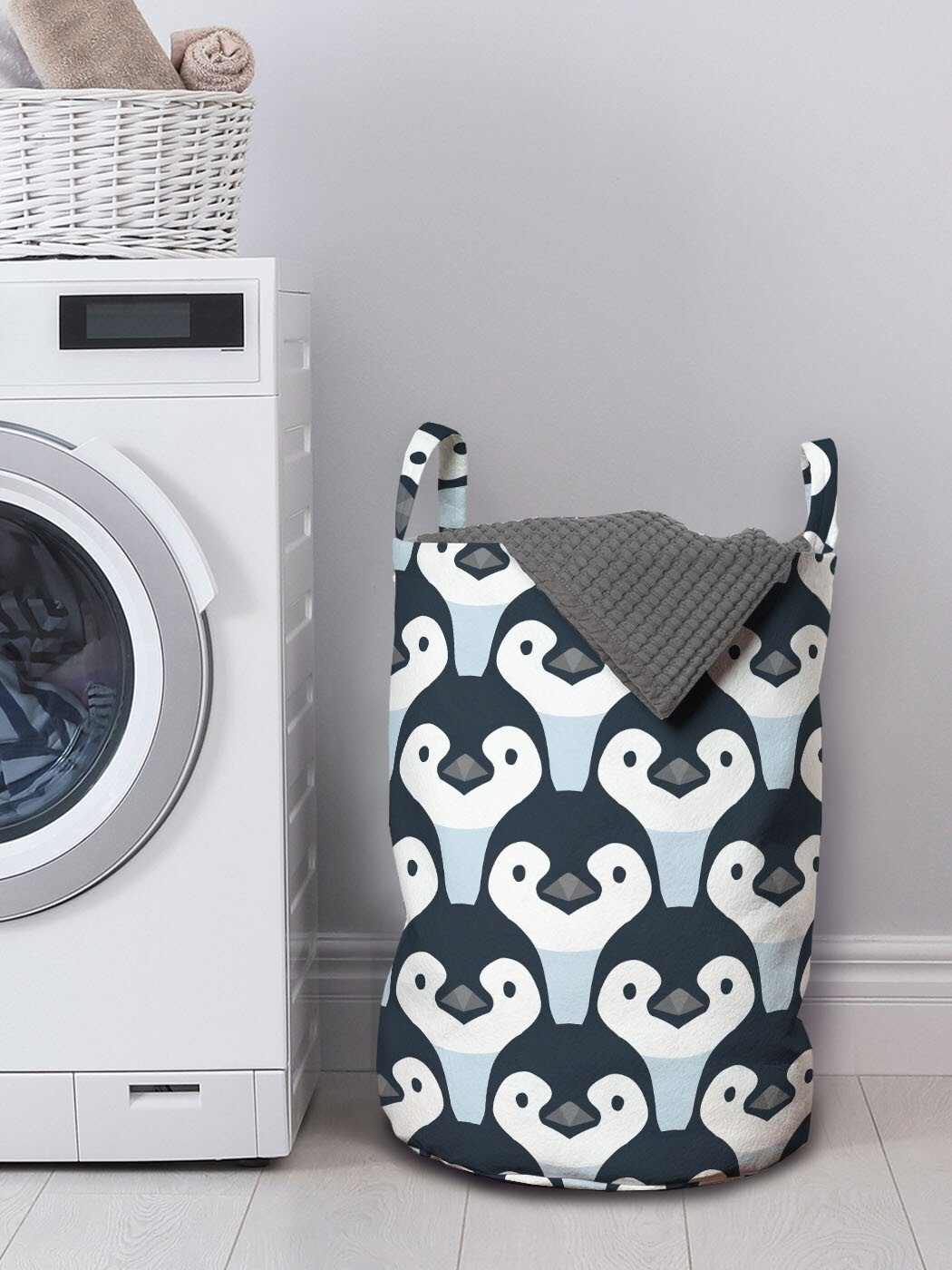 Abakuhaus Wäschesäckchen Wäschekorb Muster für Griffen Pinguin mit Waschsalons, Gesicht Kordelzugverschluss Baby-Vögel